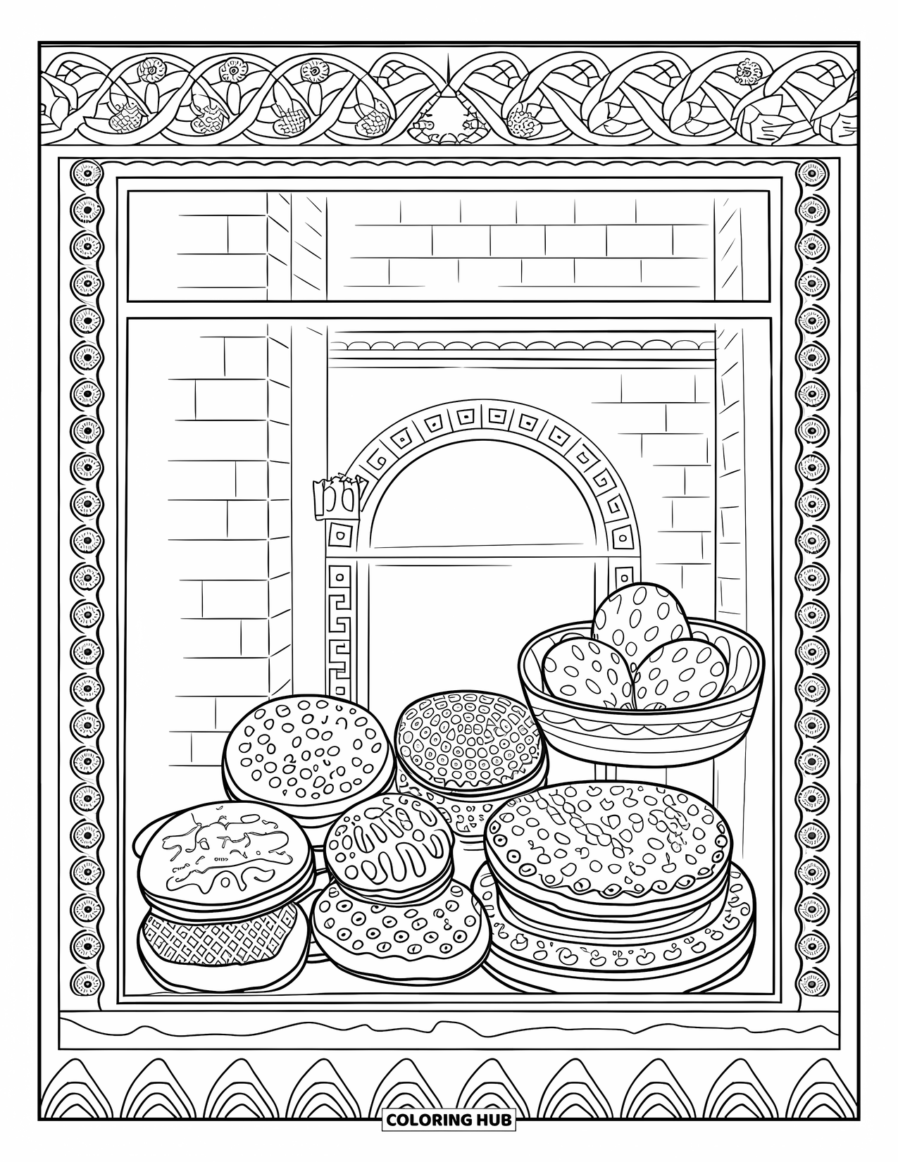 Kleurplaat Koekje voor Volwassenen: Een etalage van een bakkerij met een verscheidenheid aan koekjes, omringd door een decoratieve rand en een bakstenen muur
