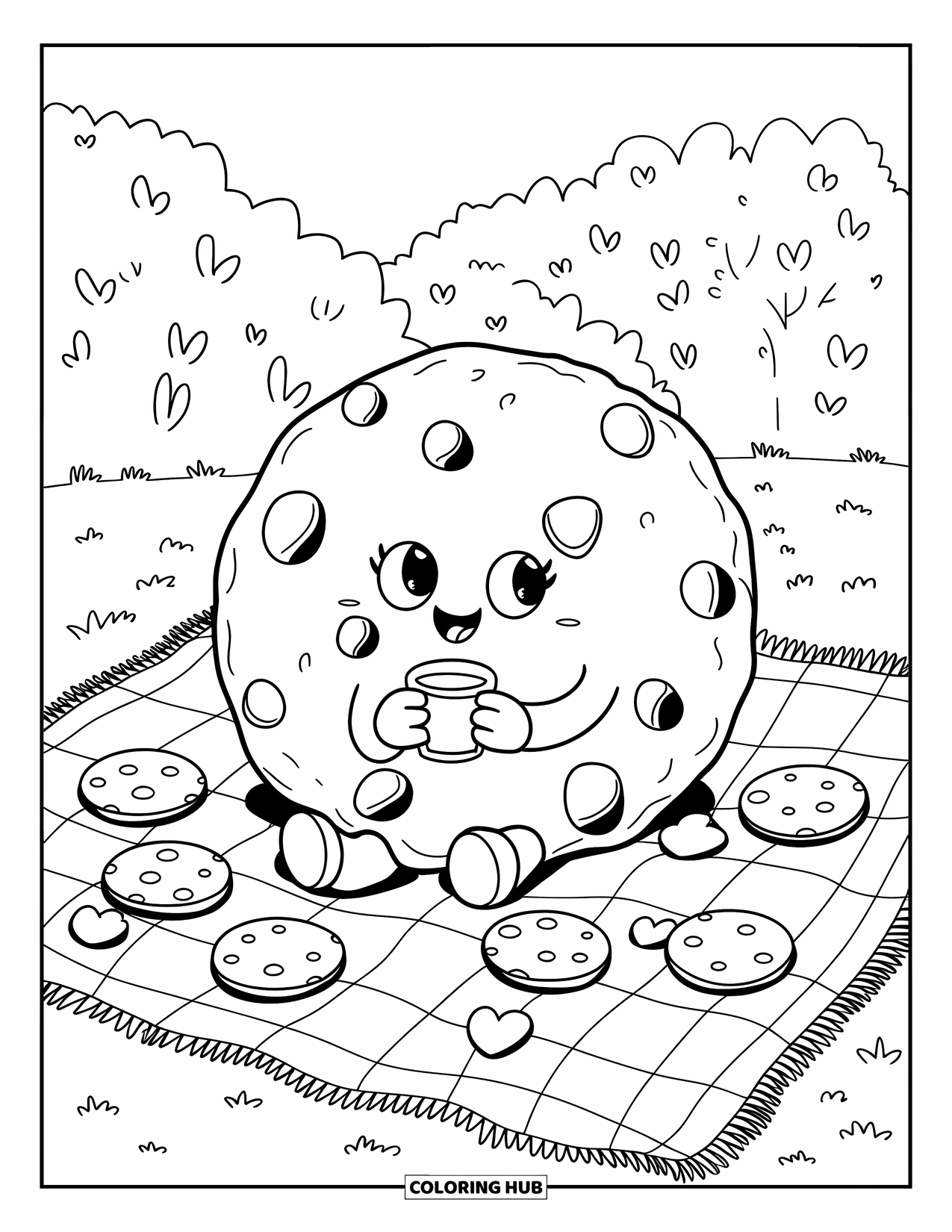 Kleurplaat Koekje voor Volwassenen: Een chocolate chip koekje geniet van een picknick, met verspreide koekjes en een vredige achtergrond