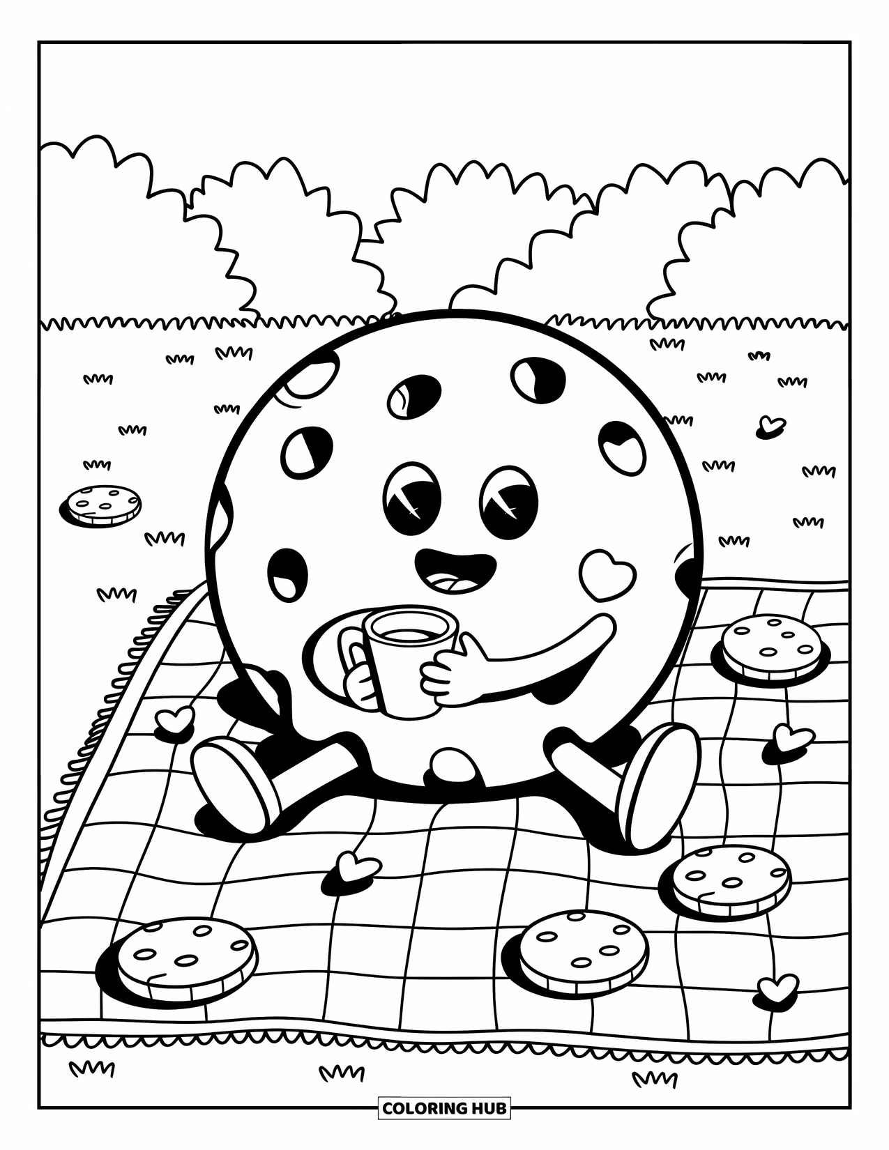 Kleurplaat Koekje voor Volwassenen: Een chocolate chip koekje zit op een picknickkleed, met melk en snoepharten eromheen