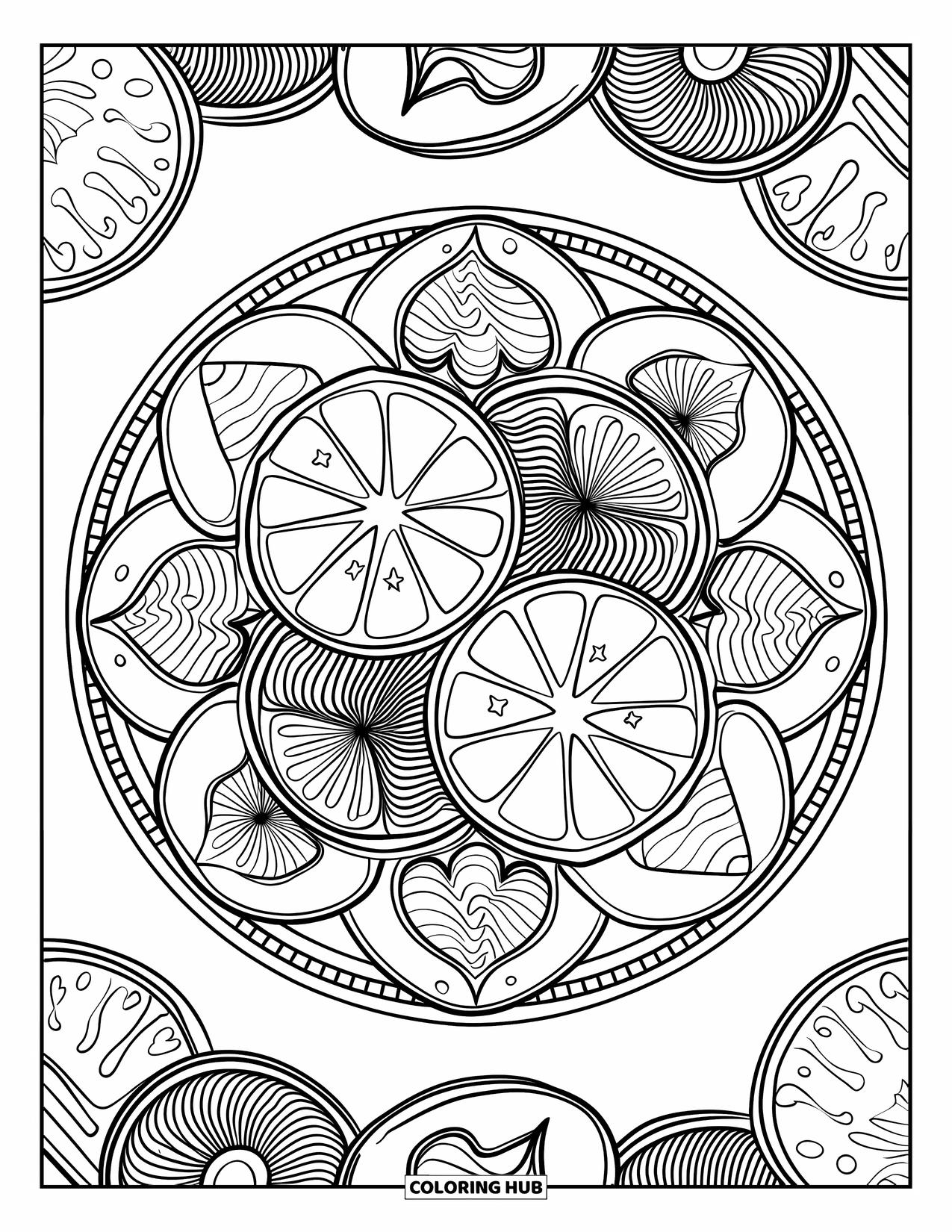 Kleurplaat Koekje voor Volwassenen: Een cirkelvormig patroon van suikerkoekjes met hartjes, sterren en golven om in te kleuren
