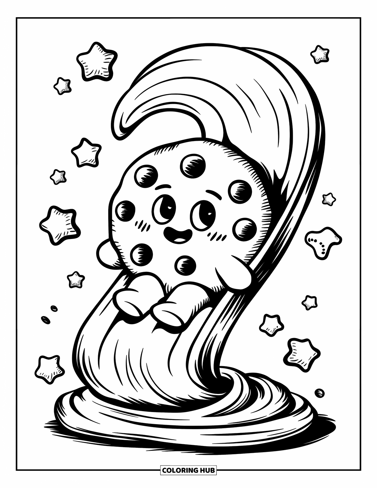 Kleurplaat Koekje voor Volwassenen: Een koekjespersonage glijdt van glazuur af, omringd door snoepsterren in een gezellige ruimte