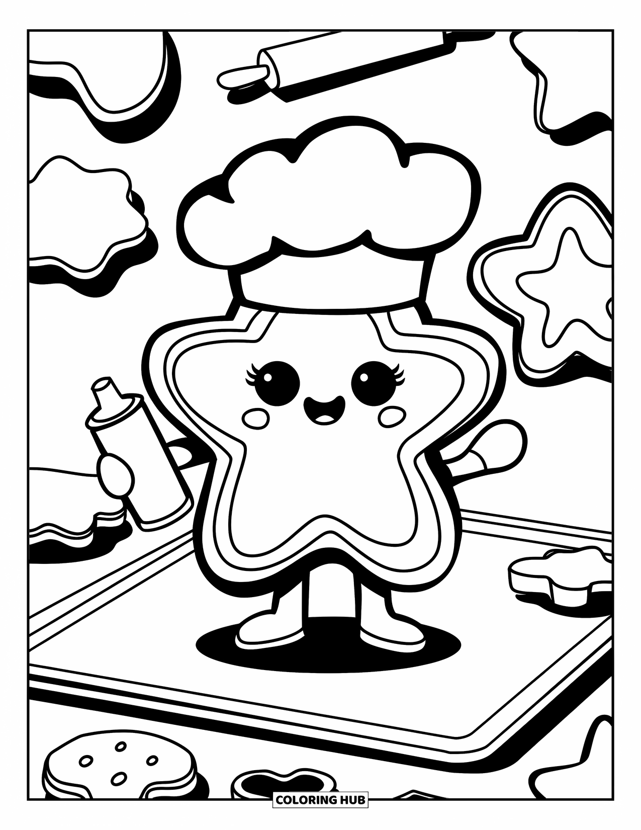 Kleurplaat Koekje voor Volwassenen: Een koekjeskok staat op een bakplaat, houdt glazuur vast en is omringd door bakgereedschap