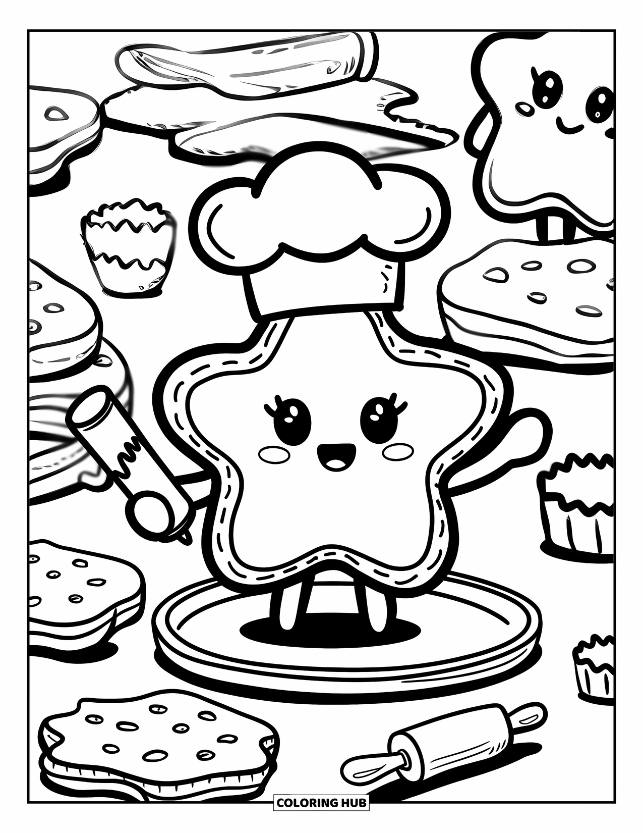 Kleurplaat Koekje voor Volwassenen: Een koekjeskok staat op een dienblad met glazuur, omringd door bakgereedschap en andere koekjes