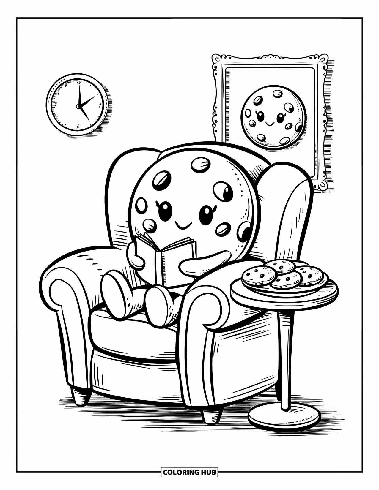 Kleurplaat Koekje voor Volwassenen: Een koekje geniet van een boek in een gezellige stoel, met een bord koekjes en kunst