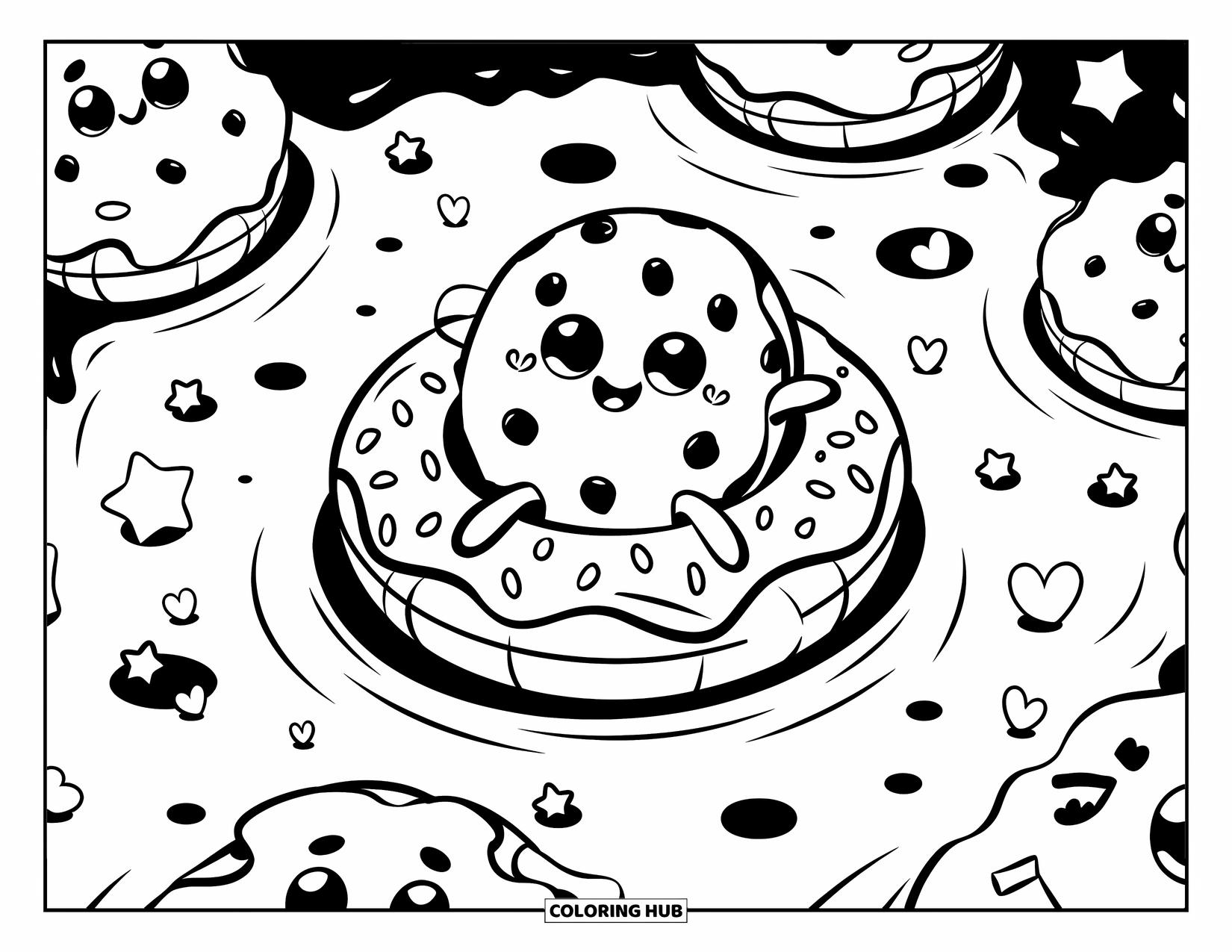 Kleurplaat Koekje voor Volwassenen: Een koekje drijft op een donutring in melk, vergezeld door andere koekjes en speelse versieringen