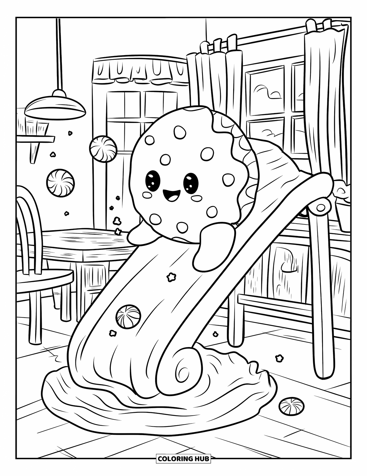 Kleurplaat Koekje voor Volwassenen: Een koekje glijdt van glazuur af in een gezellige keuken, met snoepsterren en koekjeskruimels