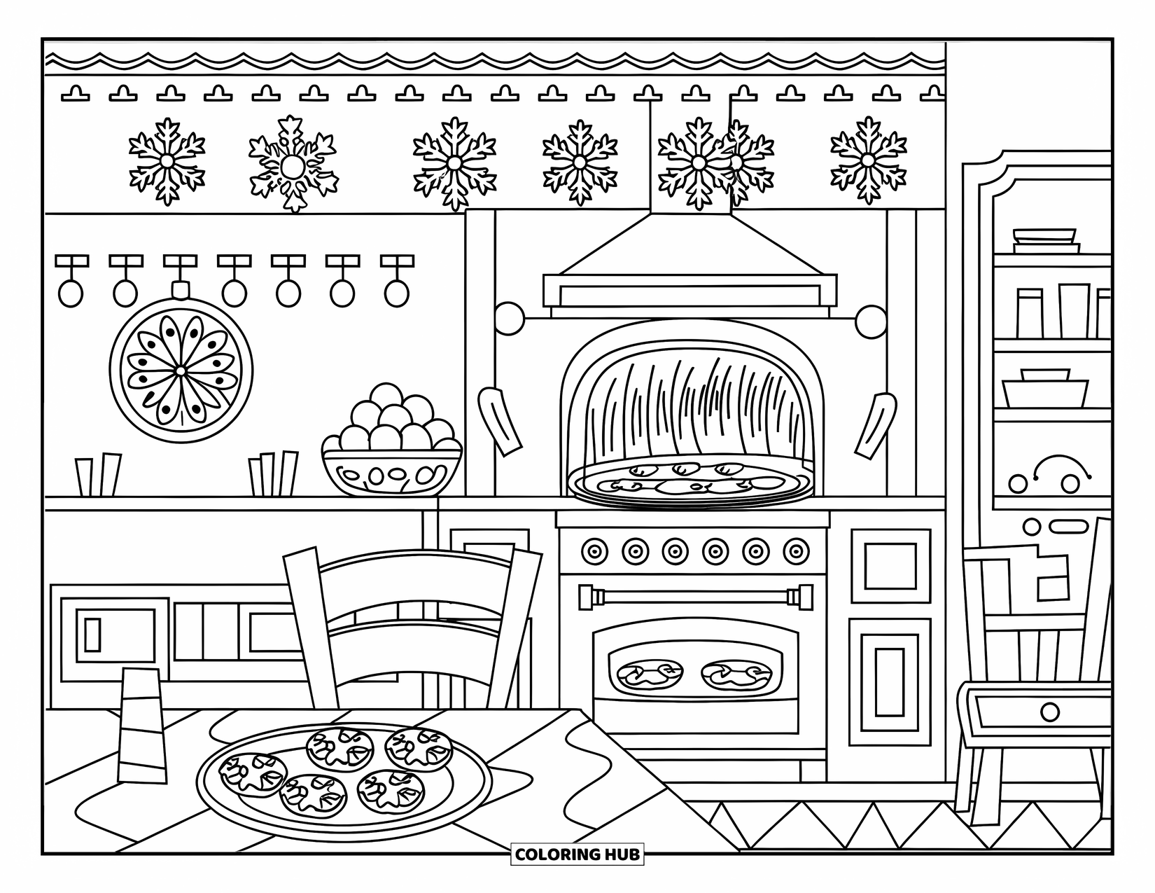 Kleurplaat Koekje voor Volwassenen: Een gezellige feestelijke keuken met koekjes die gebakken worden, een houten tafel en feestelijke versieringen