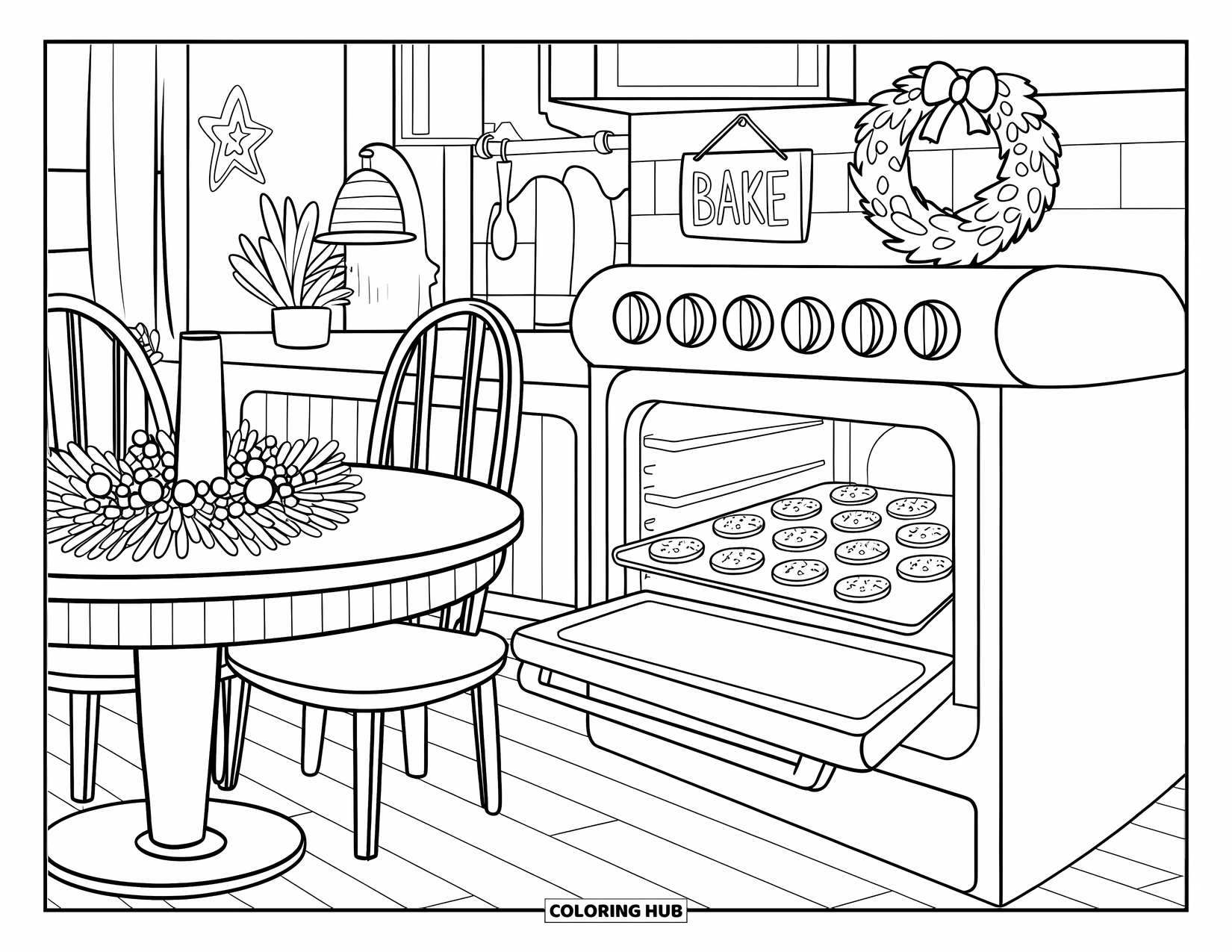 Kleurplaat Koekje voor Volwassenen: Een gezellige keuken met koekjes die gebakken worden, een feestelijk tafelstuk en een bord met de tekst 'Bake'