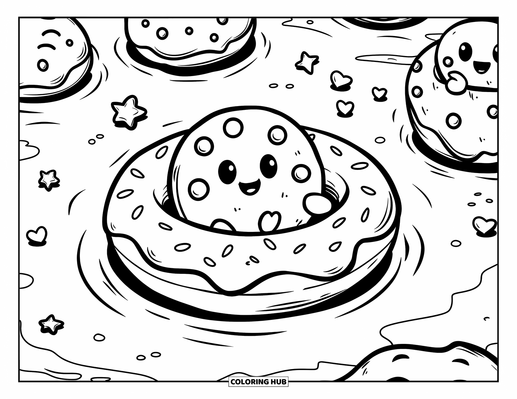 Kleurplaat Koekje voor Volwassenen: Een schattig koekjespersonage drijft op een donutring in een zwembad van melk met vrienden