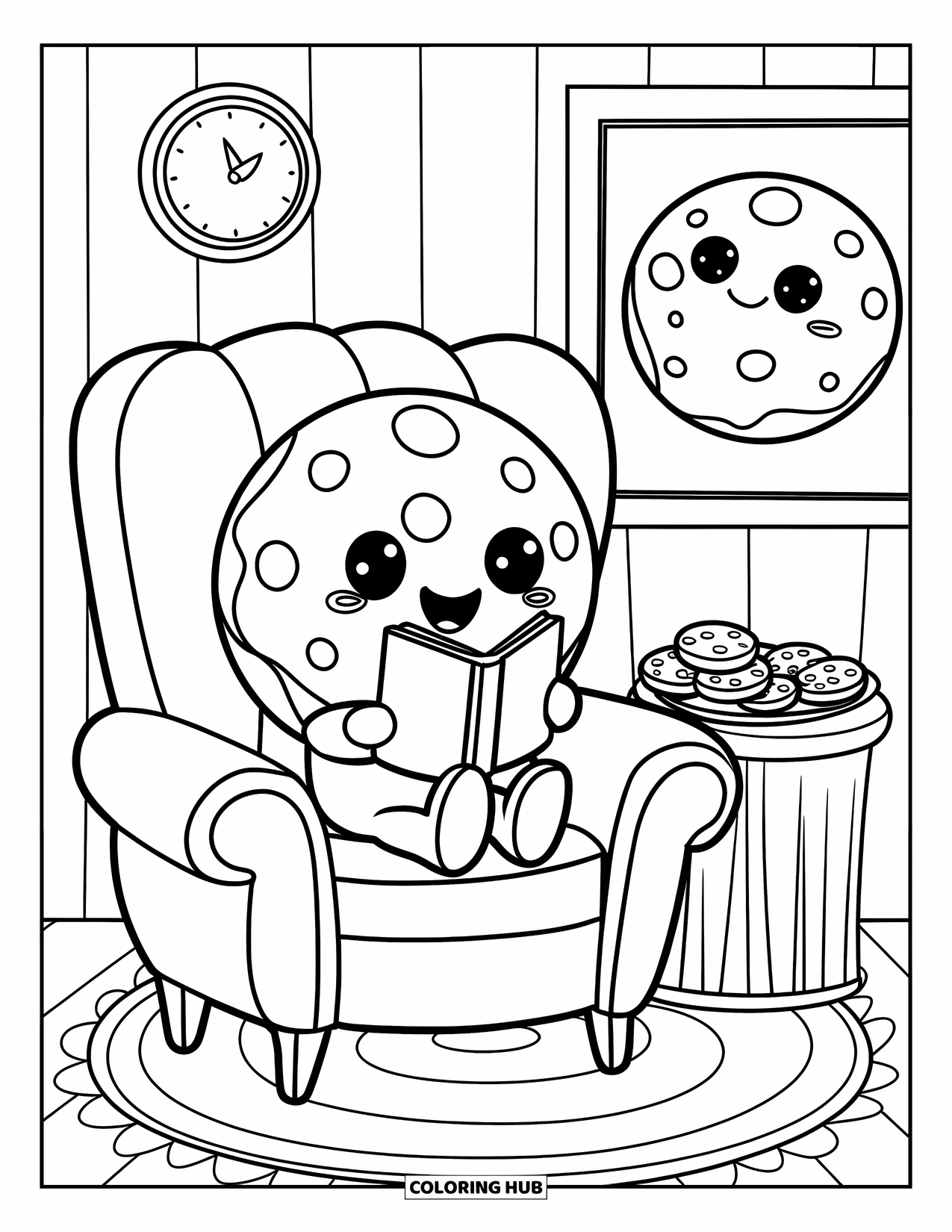 Kleurplaat Koekje voor Volwassenen: Een schattig koekje zit in een fauteuil te lezen met een bord koekjes ernaast