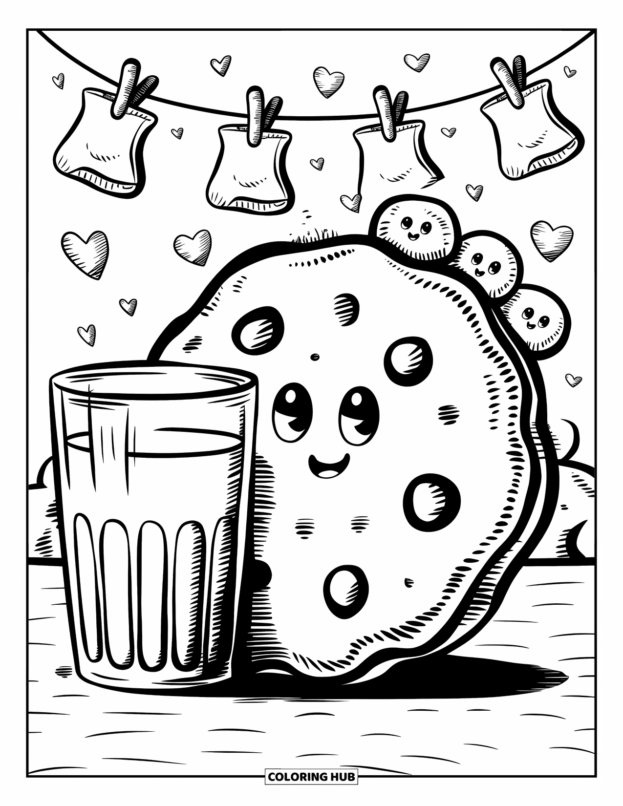 Kleurplaat Koekje voor Volwassenen: Een reusachtig koekje met een glimlach leunt op een glas melk met kleine koekjesvriendjes