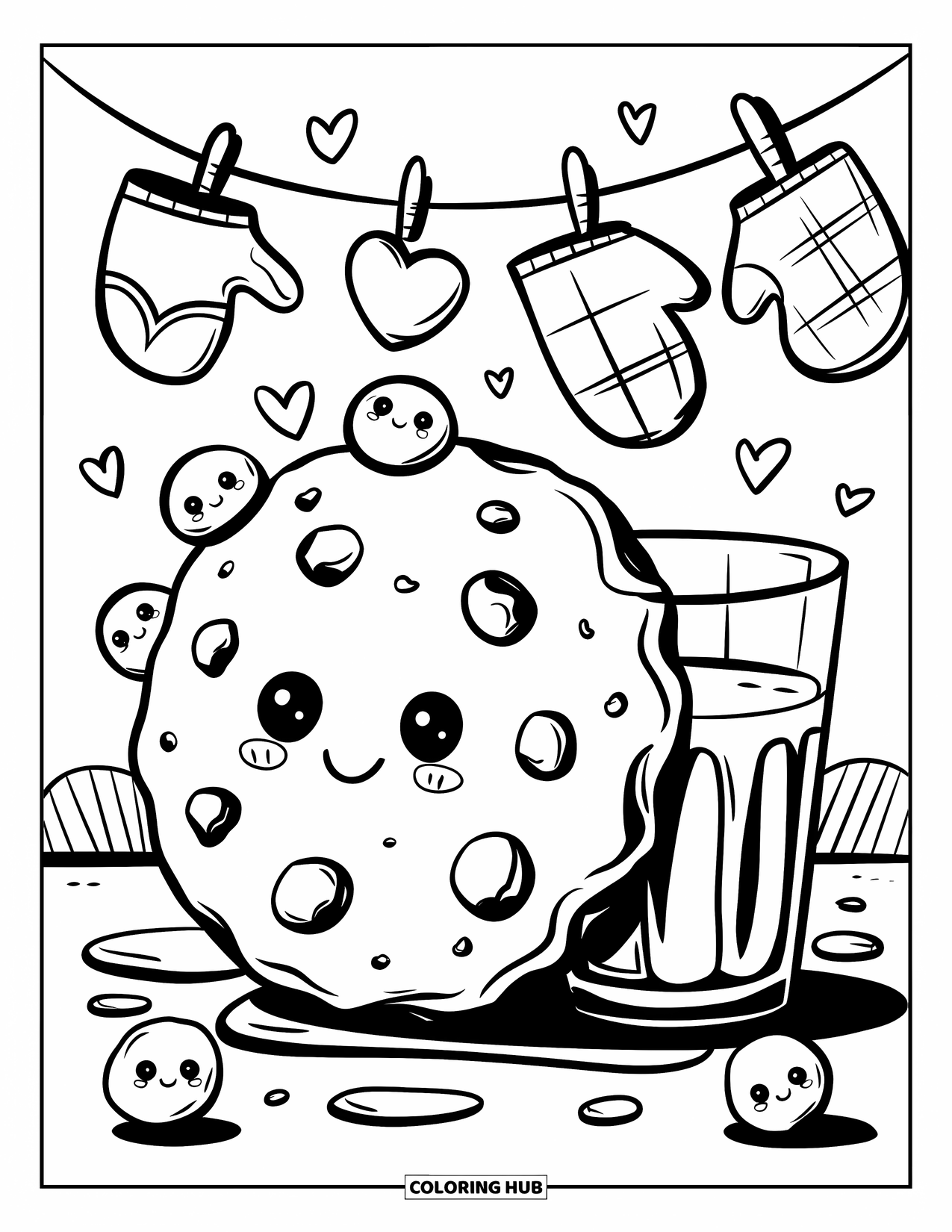 Kleurplaat Koekje voor Volwassenen: Een reusachtig kawaii-koekje leunt op een melkglas, met kleine koekjesvriendjes die erachter vandaan piepen