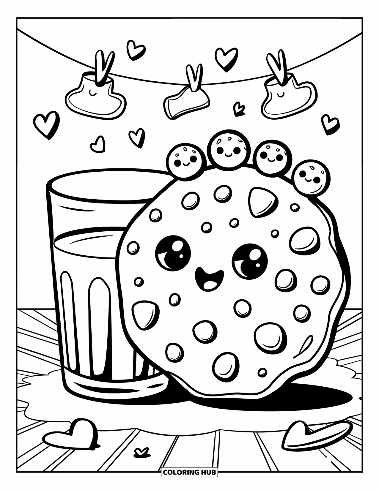 Kleurplaat Koekje voor Volwassenen: Een gigantisch kawaii-koekje rust bij een glas melk met kleine vriendjes en zwevende hartjes