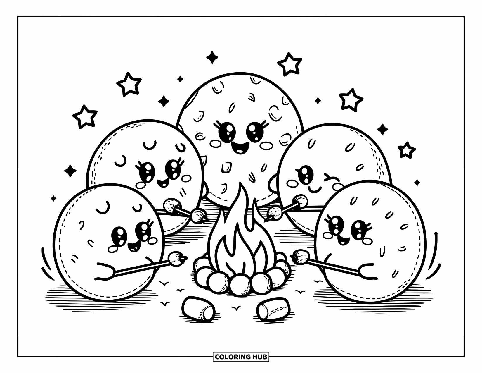 Kleurplaat Koekje voor Volwassenen: Een groep kawaii-koekjes roostert mini-koekjes rond een klein marshmallow-kampvuur onder de sterren