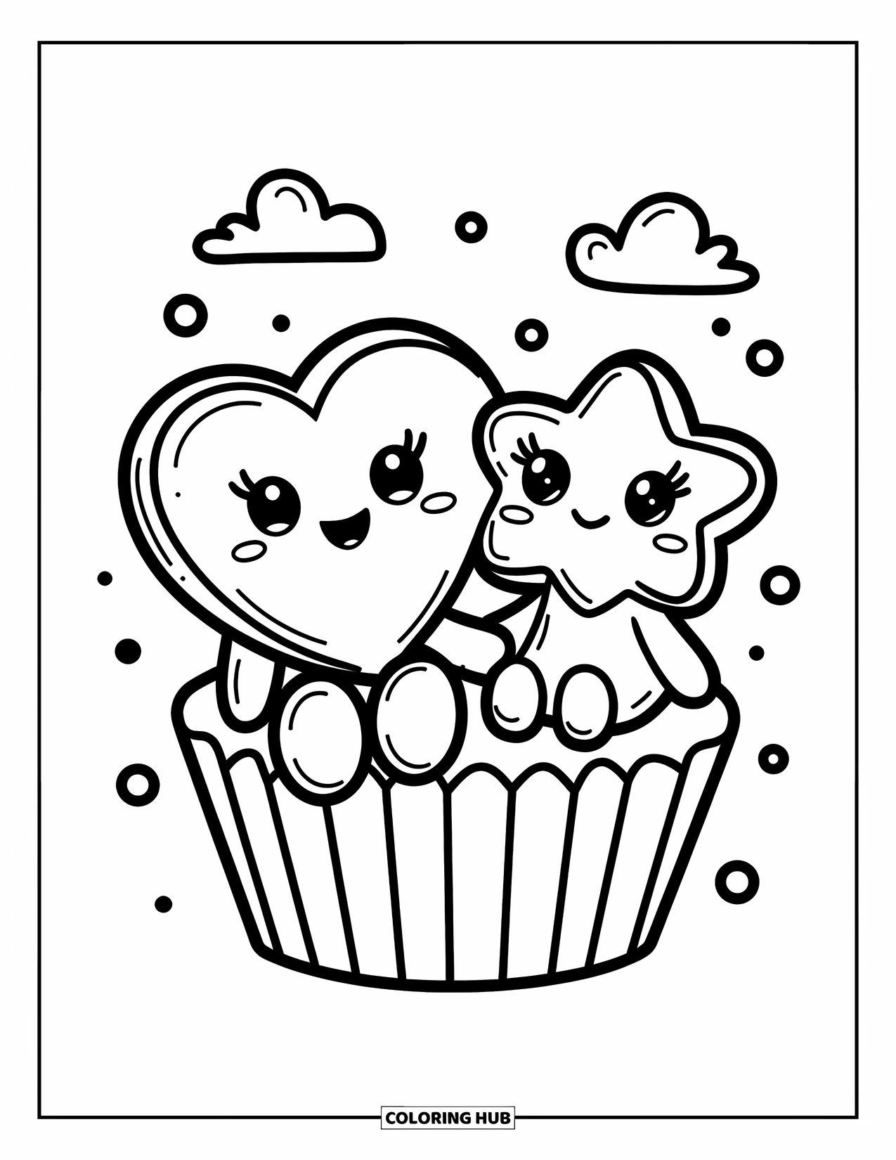 Kleurplaat Koekje voor Volwassenen: Een hartvormig en stervormig koekje zitten samen op een cupcakevormpje met schattige details