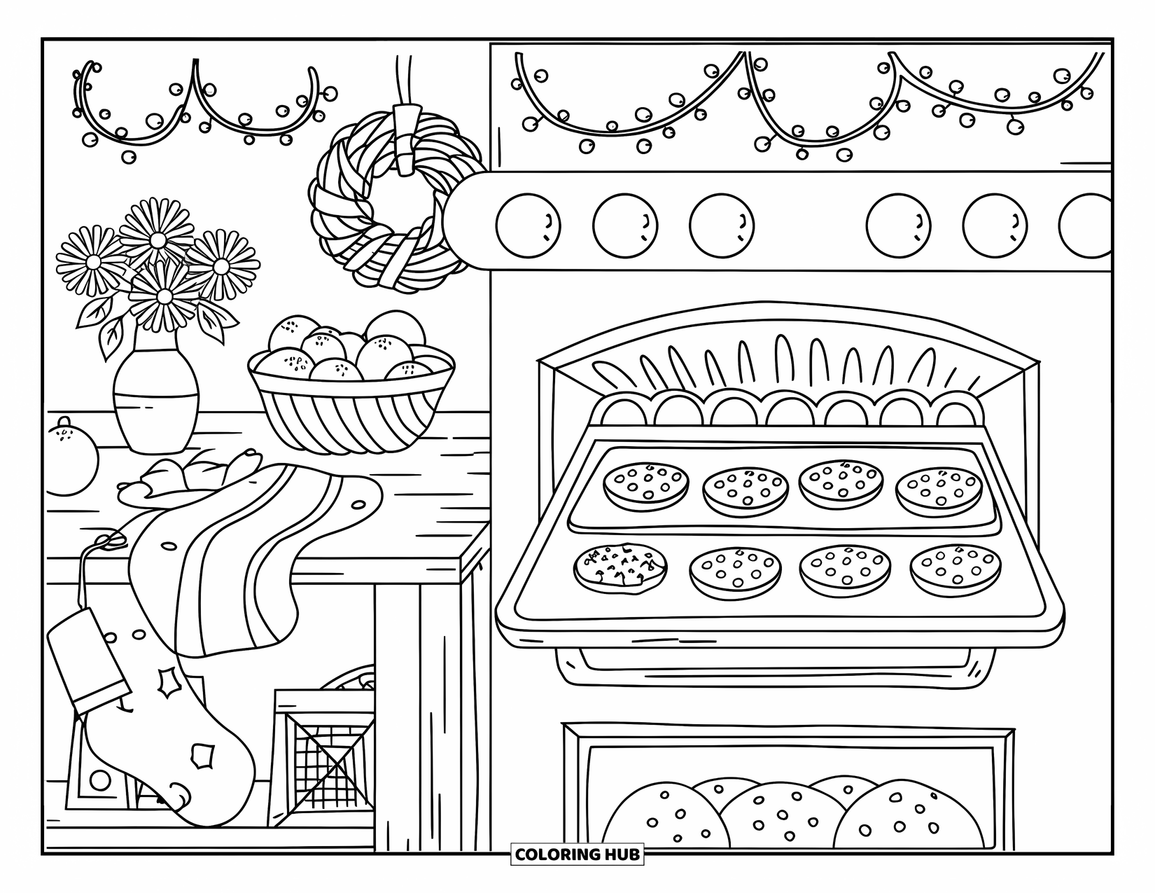 Kleurplaat Koekje voor Volwassenen: Een feestelijke keuken met koekjes die gebakken worden, een tafel, bloemen en kerstversiering