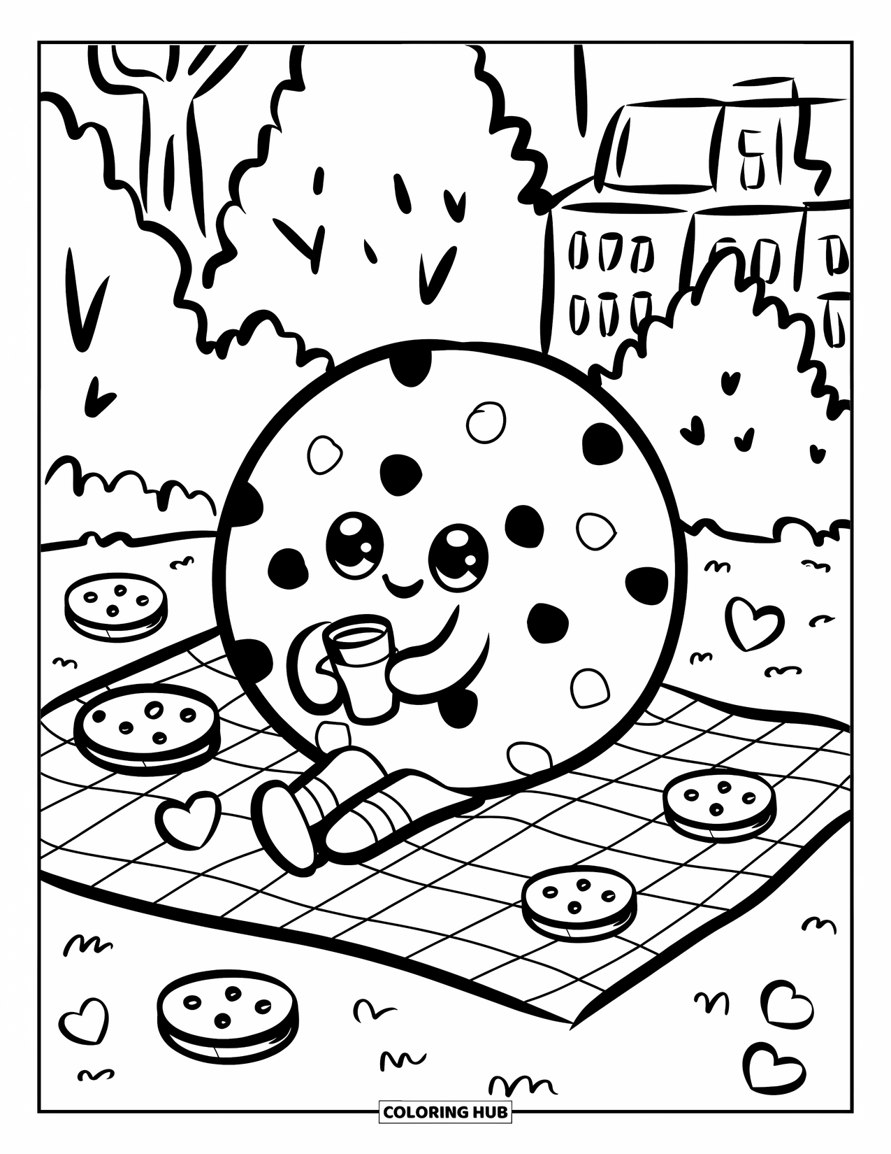 Kleurplaat Koekje voor Volwassenen: Een rond chocolate chip koekje zit op een picknickkleed en houdt een kop melk vast