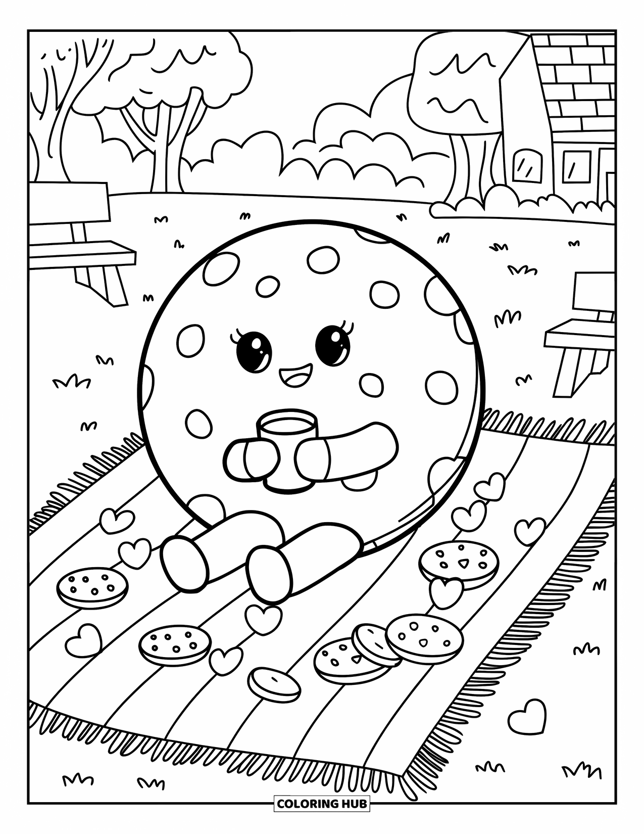 Kleurplaat Koekje voor Volwassenen: Een rond koekje op een picknickkleed houdt een kop melk vast, met een schilderachtige achtergrond