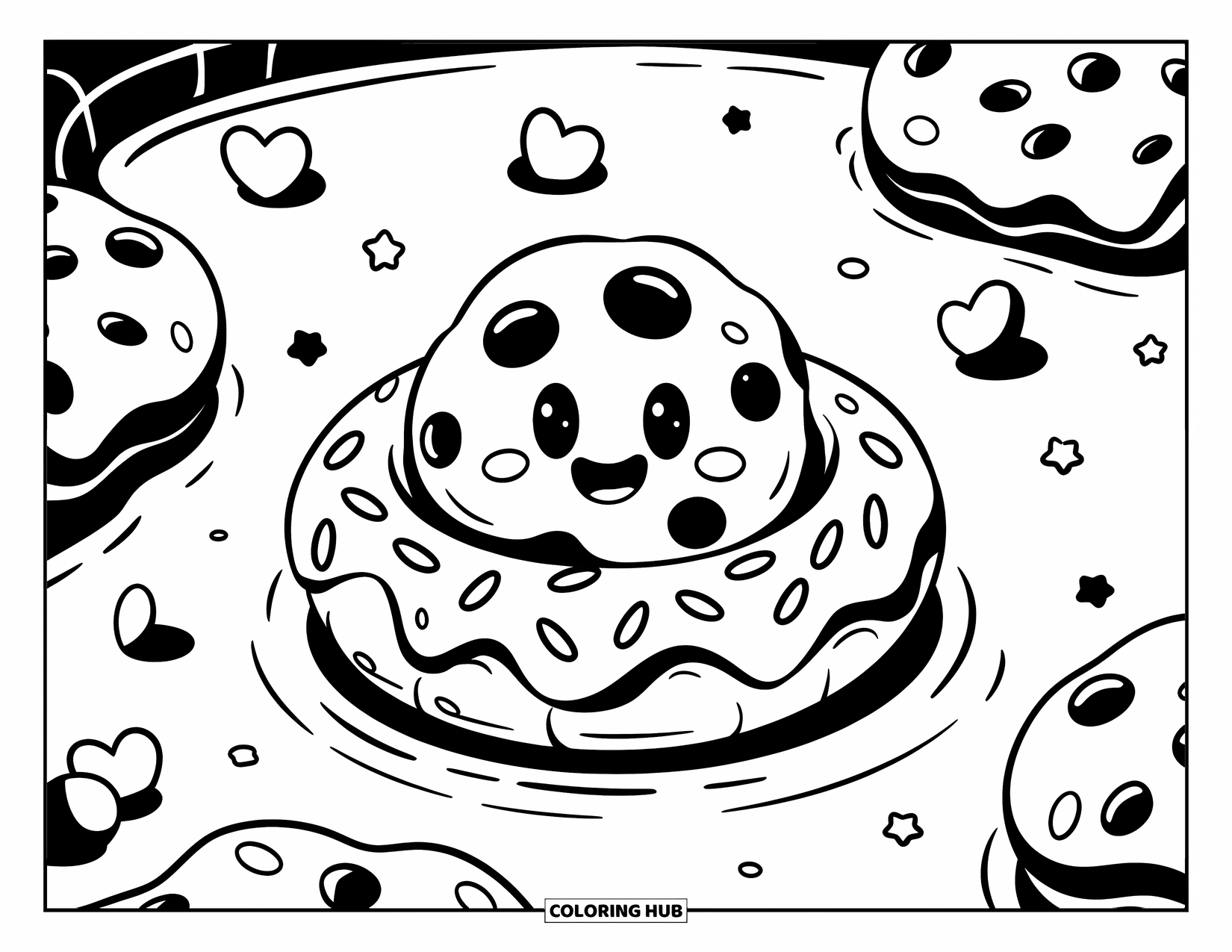 Kleurplaat Koekje voor Volwassenen: Een lachend koekje drijft op een donutring in melk, omringd door harten en sterren