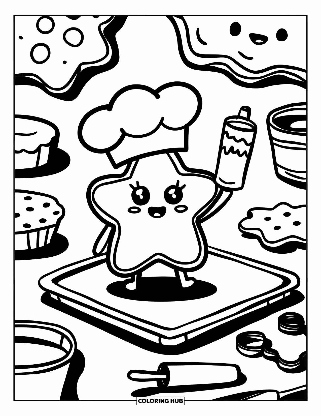 Kleurplaat Koekje voor Volwassenen: Een stervormige koekjeskok houdt een glazuurspuit vast, omringd door bakgereedschap en lekkernijen