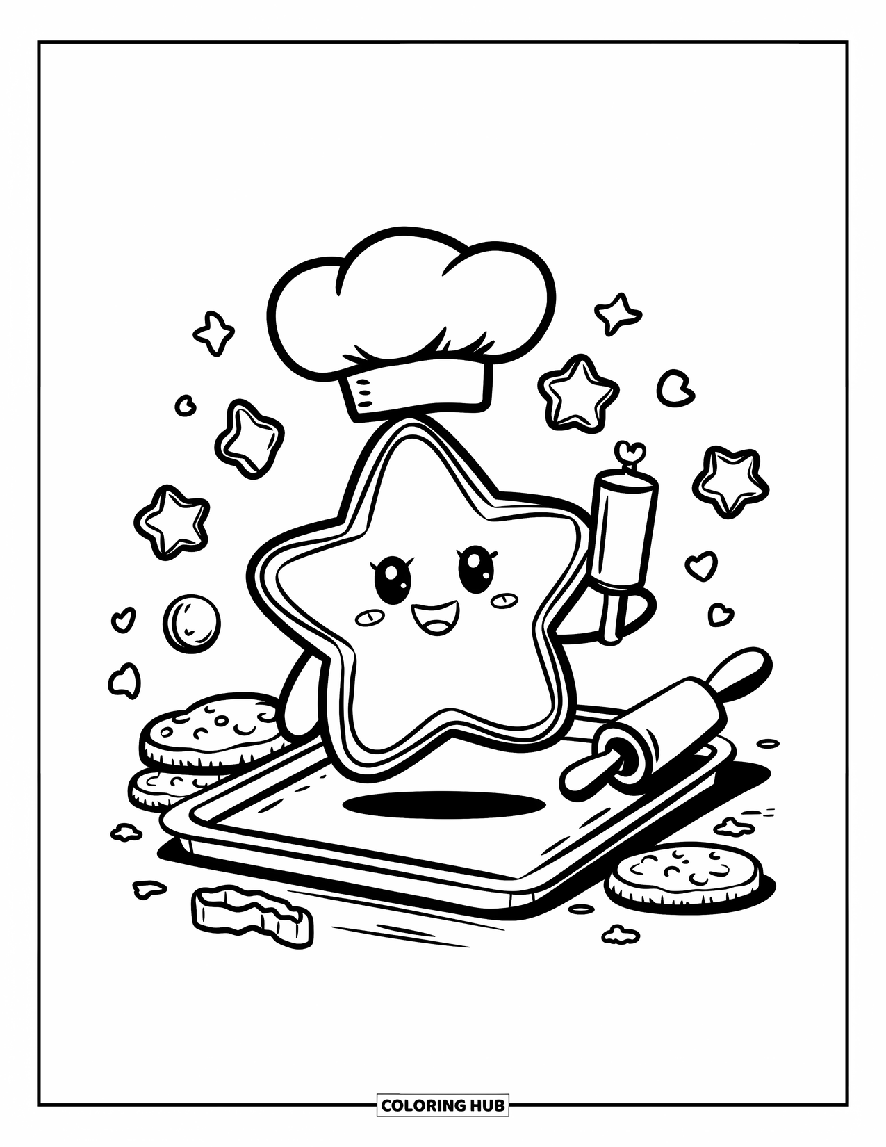 Kleurplaat Koekje voor Volwassenen: Een stervormig koekje met een koksmuts staat op een dienblad, klaar om te bakken met glazuur