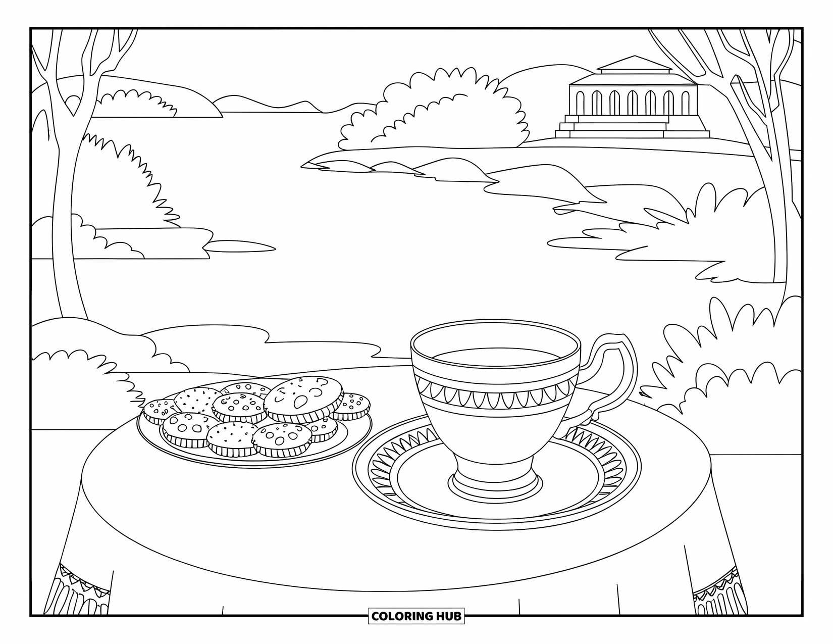 Kleurplaat Koekje voor Volwassenen: Een theekopje en koekjes staan op een tafel, met een sereen landschap op de achtergrond