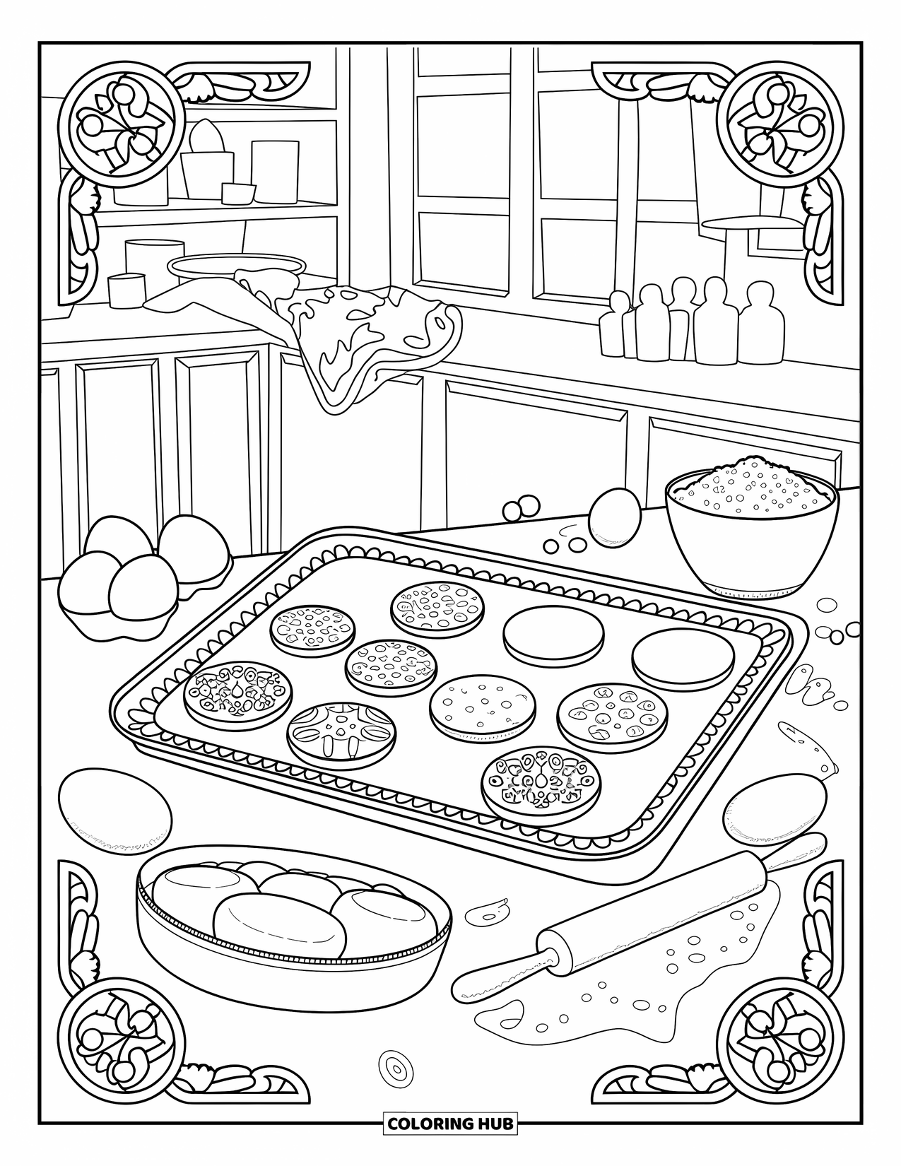 Kleurplaat Koekje voor Volwassenen: Een dienblad met koekjes, bakgereedschap en ingrediënten in een keuken met houten planken en een raam
