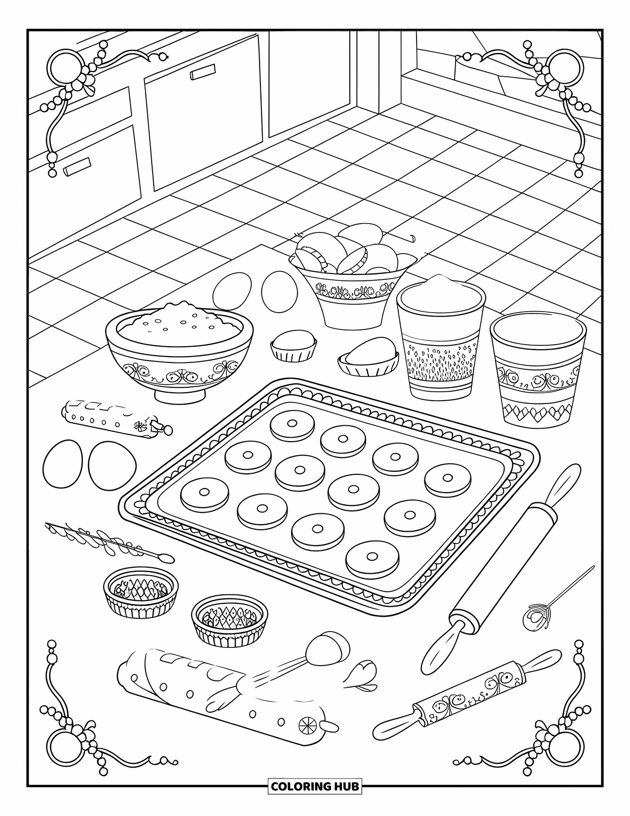 Kleurplaat Koekje voor Volwassenen: Een dienblad met koekjes, omringd door bakgereedschap en ingrediënten in een gezellige keukenomgeving