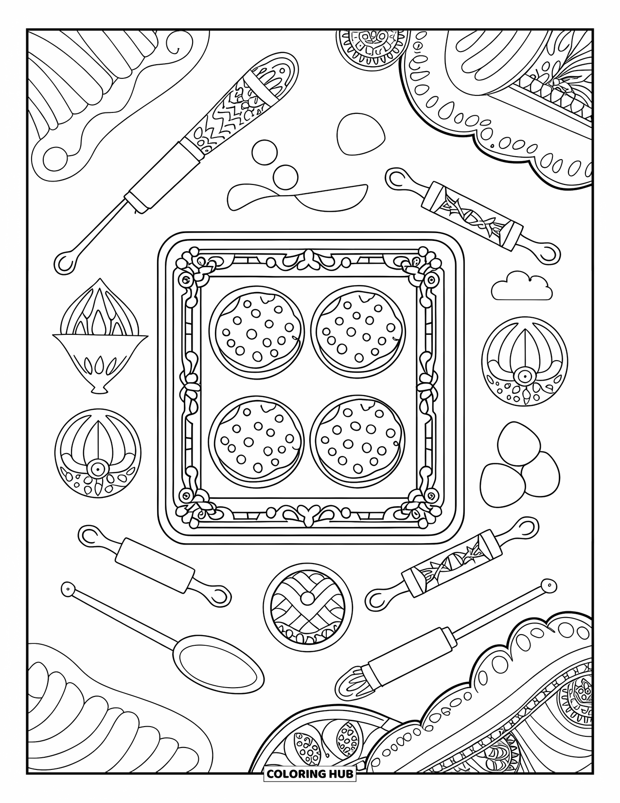 Kleurplaat Koekje voor Volwassenen: Een dienblad met koekjes, omringd door sierlijke bakgereedschappen en ingrediënten, met ingewikkelde patronen