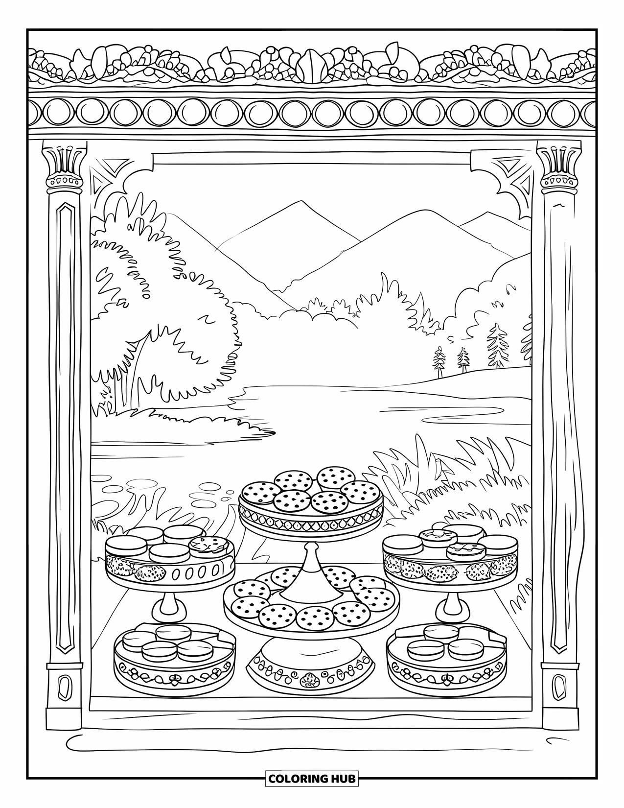 Kleurplaat Koekje voor Volwassenen: Een elegante etalage van een bakkerij toont een verscheidenheid aan prachtig gerangschikte koekjes