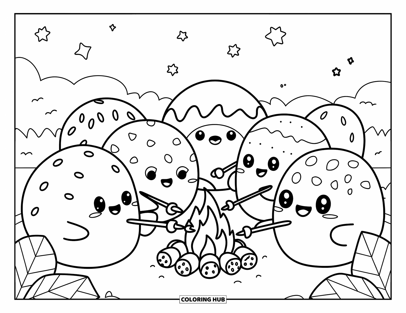Kleurplaat Koekje voor Volwassenen: Koekjes verzamelen zich rond een marshmallow-kampvuur op een sterrenhemel, en roosteren minikoekjes