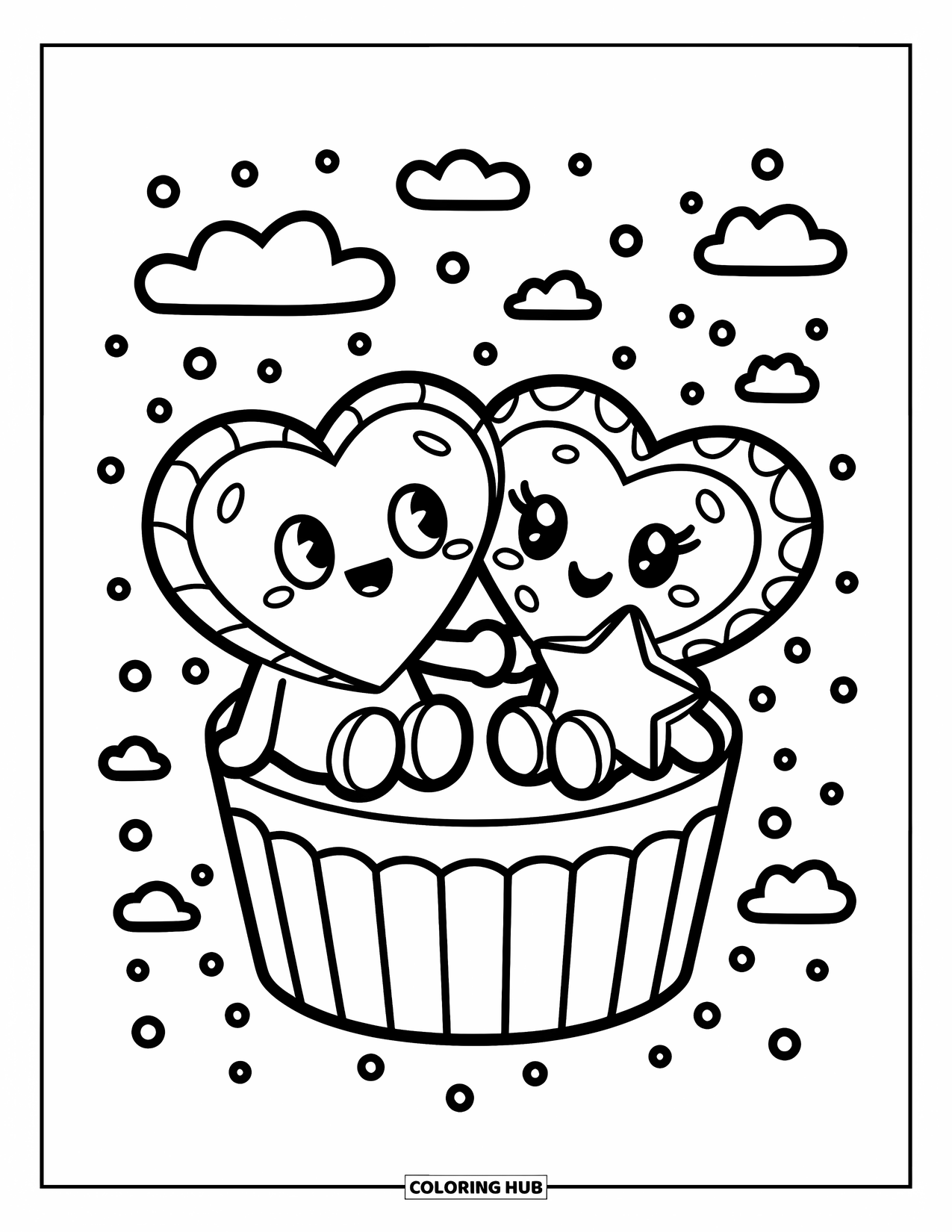 Kleurplaat Koekje voor Volwassenen: Twee koekjes, een hart en een ster, zitten op een cupcakevormpje met wolken en stippen