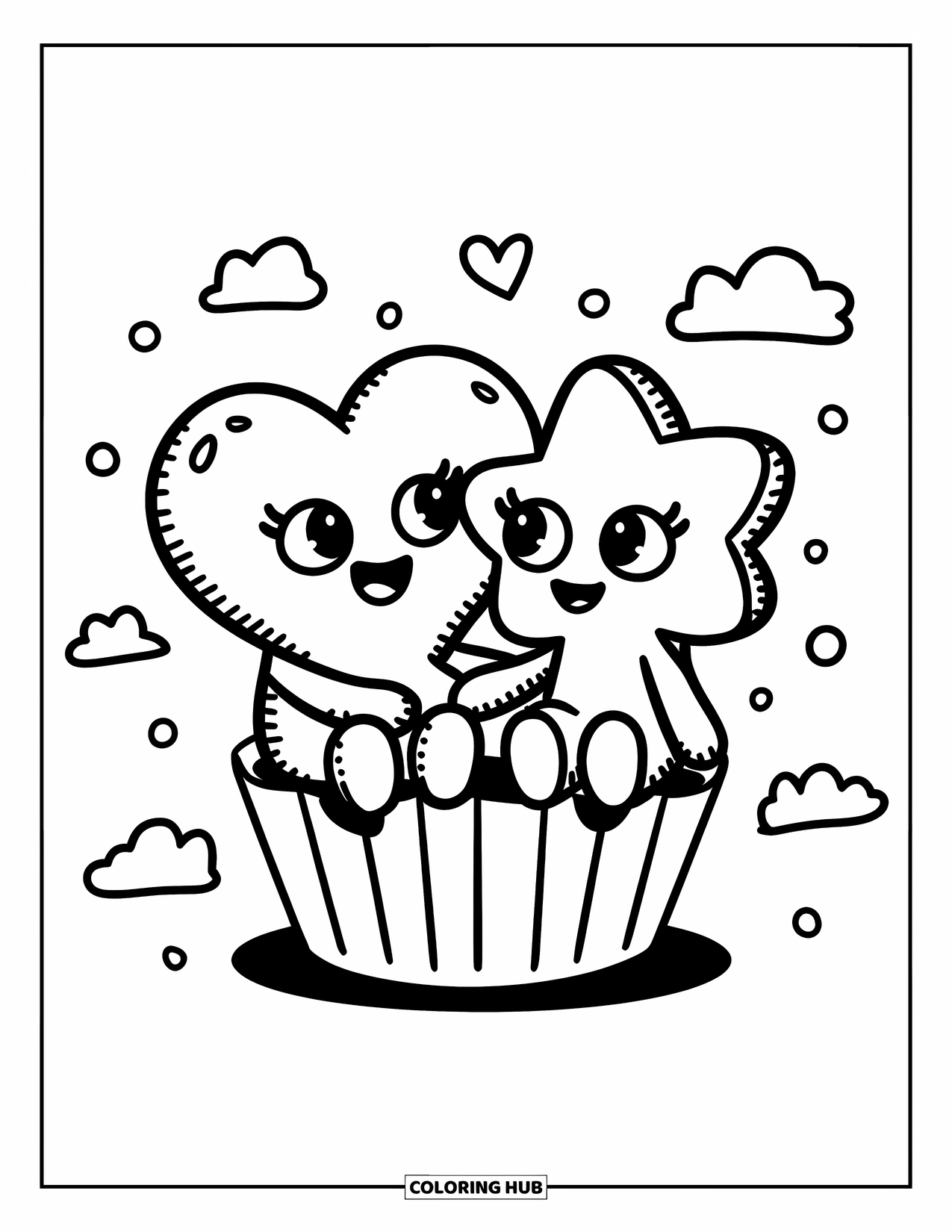 Kleurplaat Koekje voor Volwassenen: Twee zoete koekjes houden elkaars hand vast, zittend op een cupcakevormpje met wolken en stippen