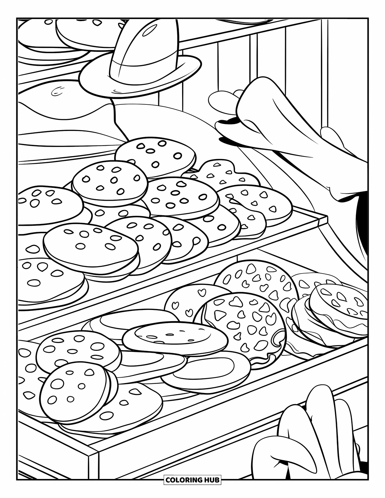 Kleurplaat Koekje voor Kinderen: Een bakkerijplank vol koekjes in een houten krat, met een hoed en hand in de afbeelding