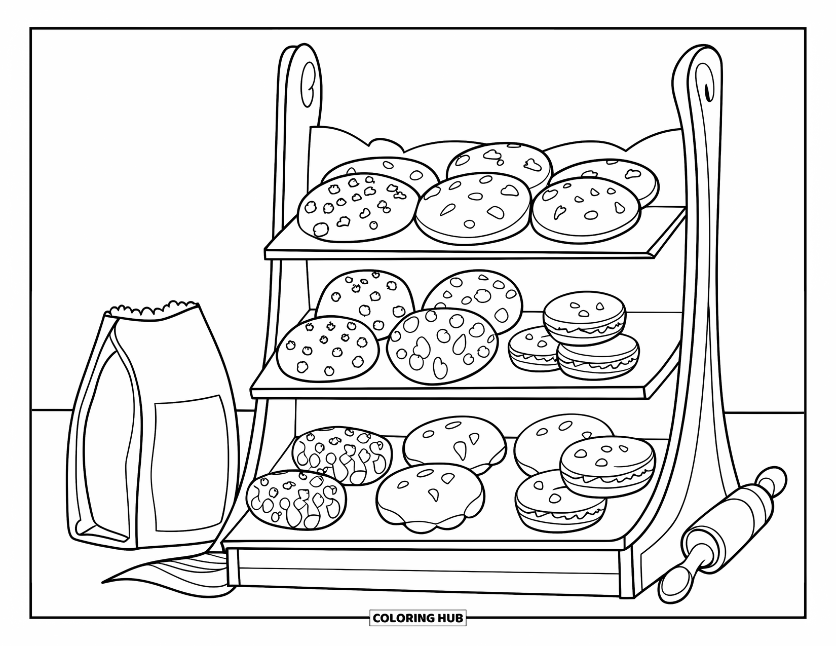 Kleurplaat Koekje voor Kinderen: Een bakkerijplank vol suikerkoekjes, chocolate chip, havermout en macarons, met bakgereedschap