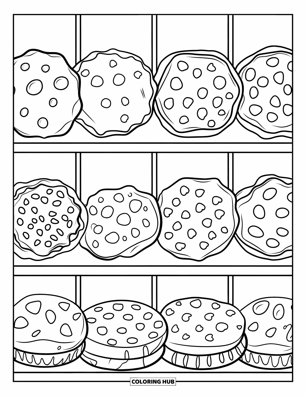 Kleurplaat Koekje voor Kinderen: Een bakkerijplank vol met verschillende koekjes, elk met gedurfde contouren, tegen een witte achtergrond