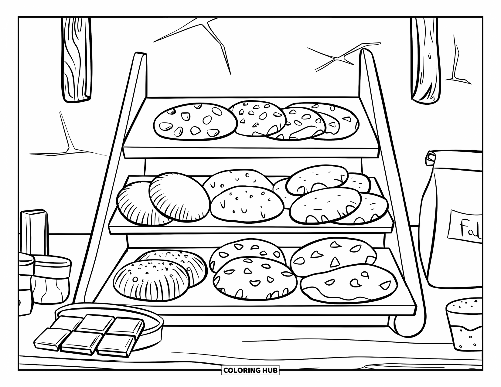 Kleurplaat Koekje voor Kinderen: Een bakkerijplank met koekjes, chocoladerepen en een zak bloem, tegen een beige muur