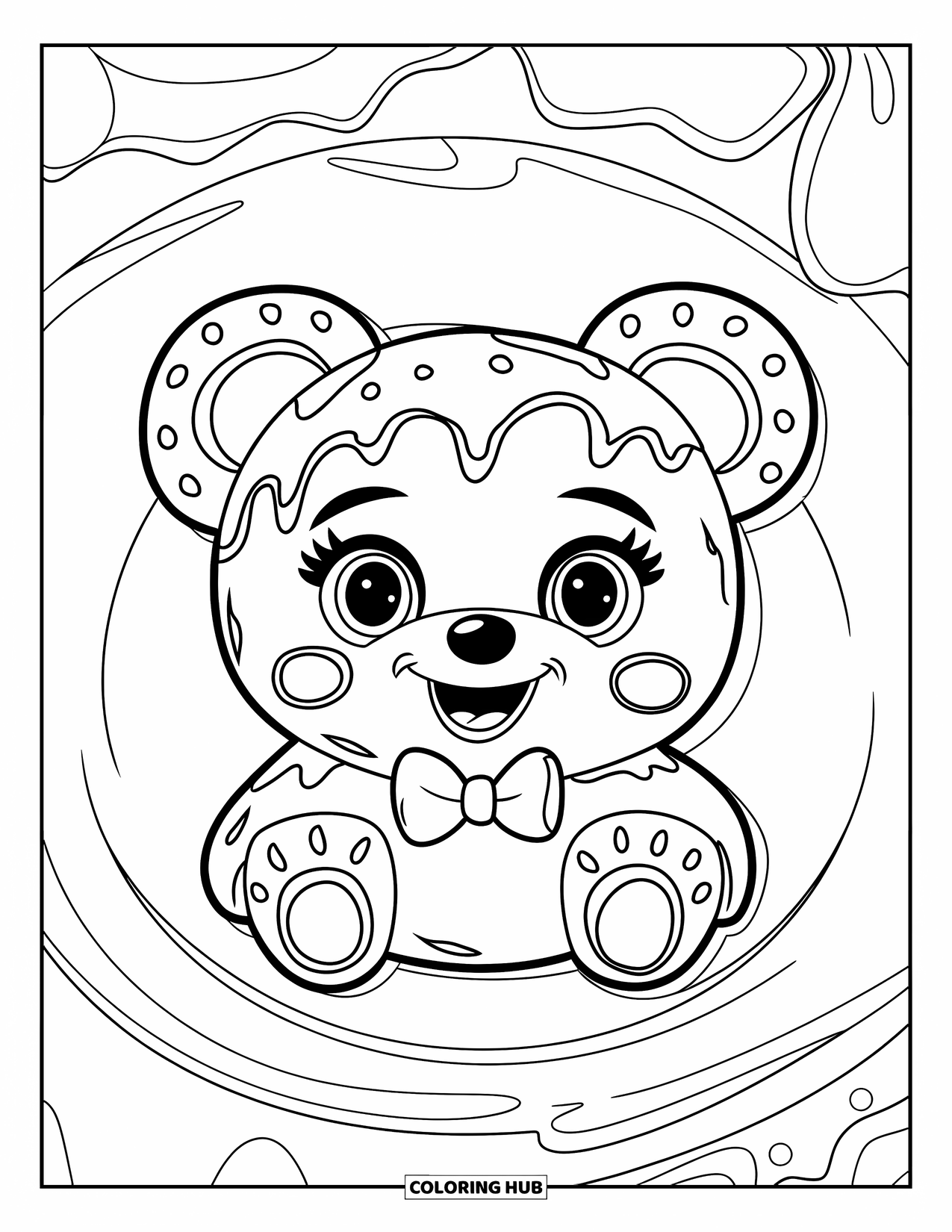 Kleurplaat Koekje voor Kinderen: Een beervormig koekje met glazuurdetails en een vlinderdas op een bord, tegen een strakke achtergrond