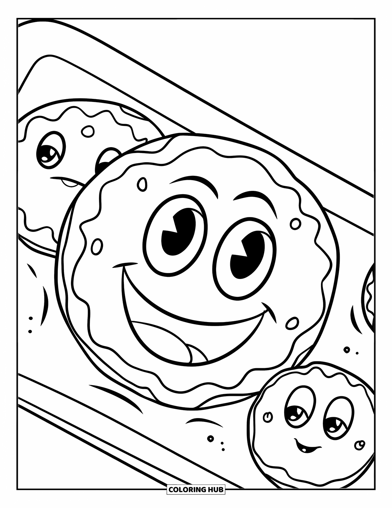 Kleurplaat Koekje voor Kinderen: Een vrolijk koekje op een dienblad met twee kleinere, eenvoudigere koekjes, allemaal uitnodigend tot een glimlach