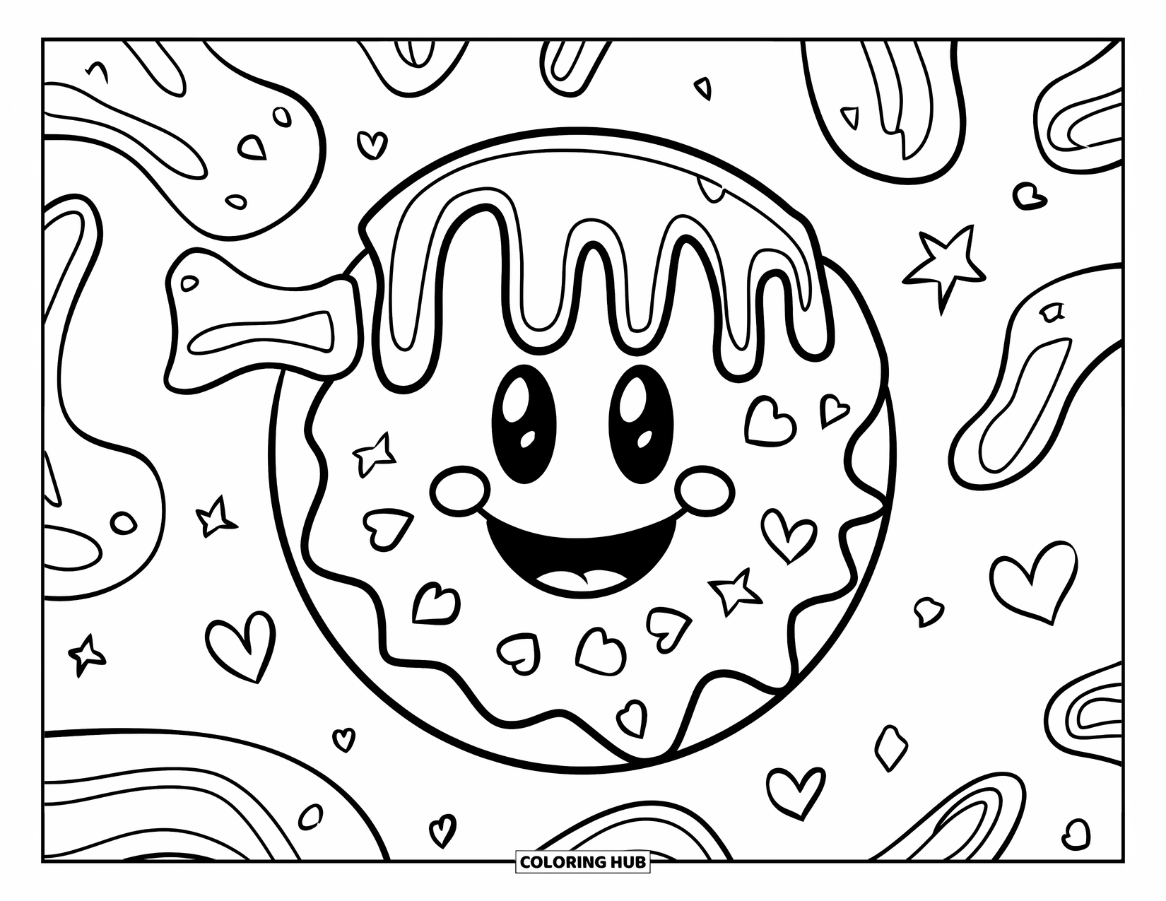 Kleurplaat Koekje voor Kinderen: Een vrolijk smiley-gezichtskoekje versierd met regenboogglazuur, waardoor een vrolijke sfeer ontstaat