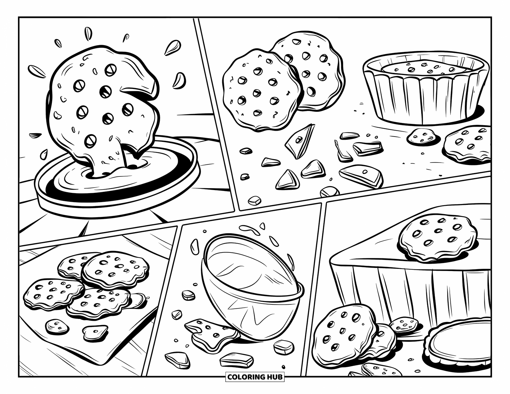 Kleurplaat Koekje voor Kinderen: Een strippagina met koekjesmomenten met gedurfde contouren in een leuke, geanimeerde stijl om in te kleuren