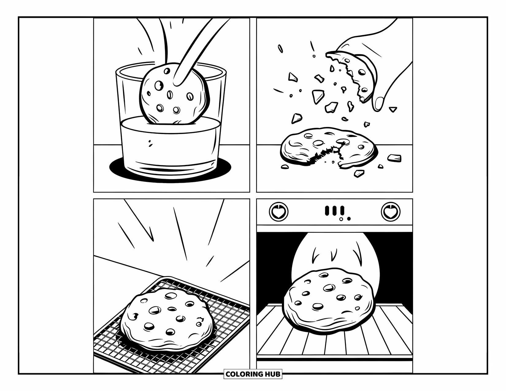 Kleurplaat Koekje voor Kinderen: Een strippagina met koekjes die worden gedipt, verkruimeld, afgekoeld en gebakken in vier dynamische panelen