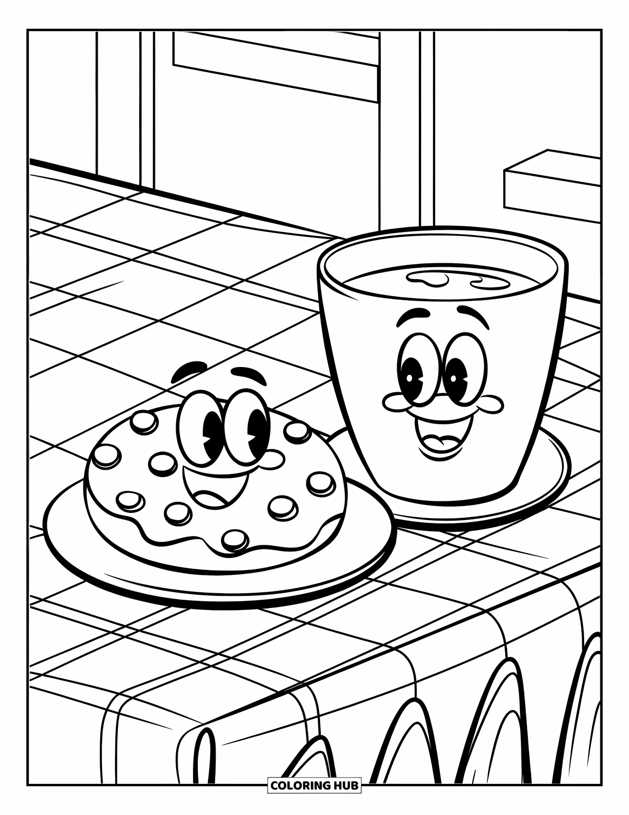 Kleurplaat Koekje voor Kinderen: Een koekje- en melkduo met leuke gezichtsuitdrukkingen op een tafel met een groen geruit tafelkleed