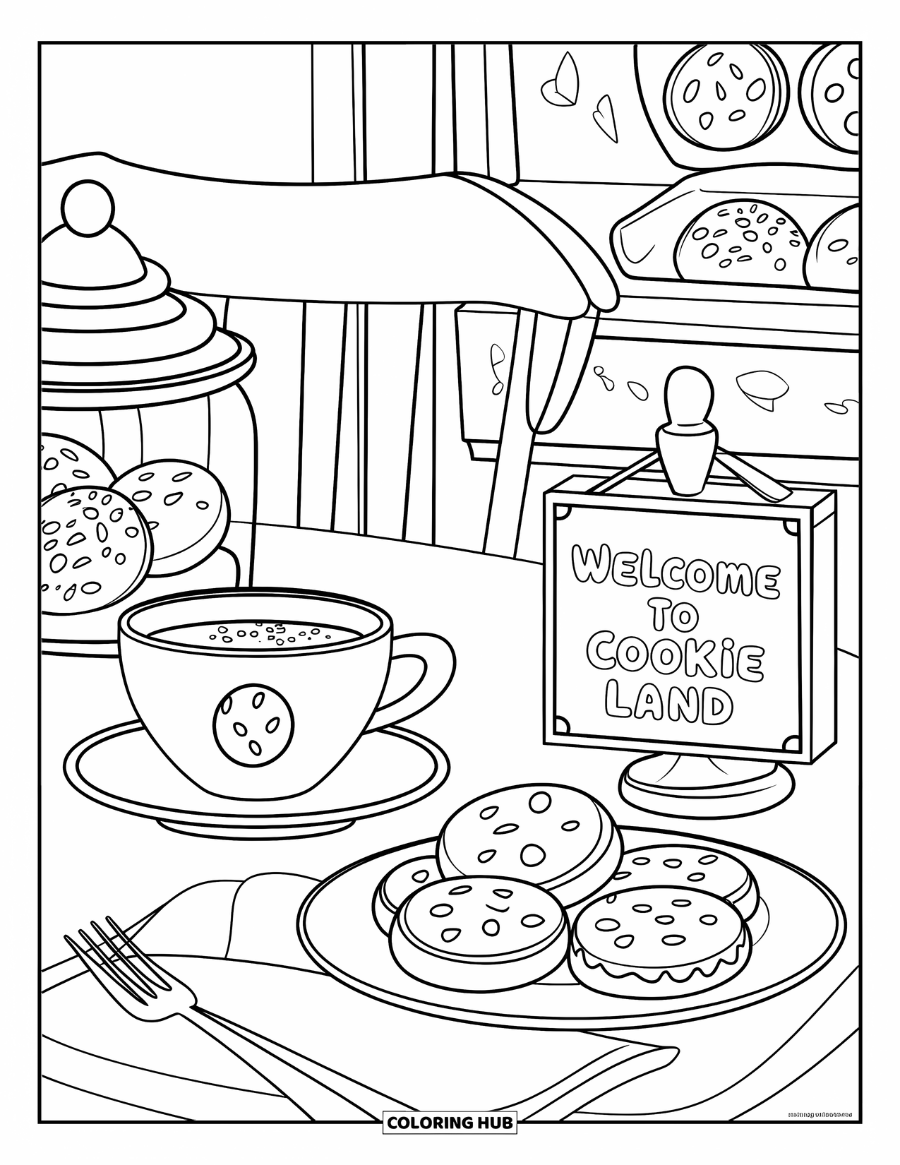 Kleurplaat Koekje voor Kinderen: Een koekjescafétafel met een koffiekop, koekjes, een bord en een bord met de tekst "Welkom in Koekjesland"