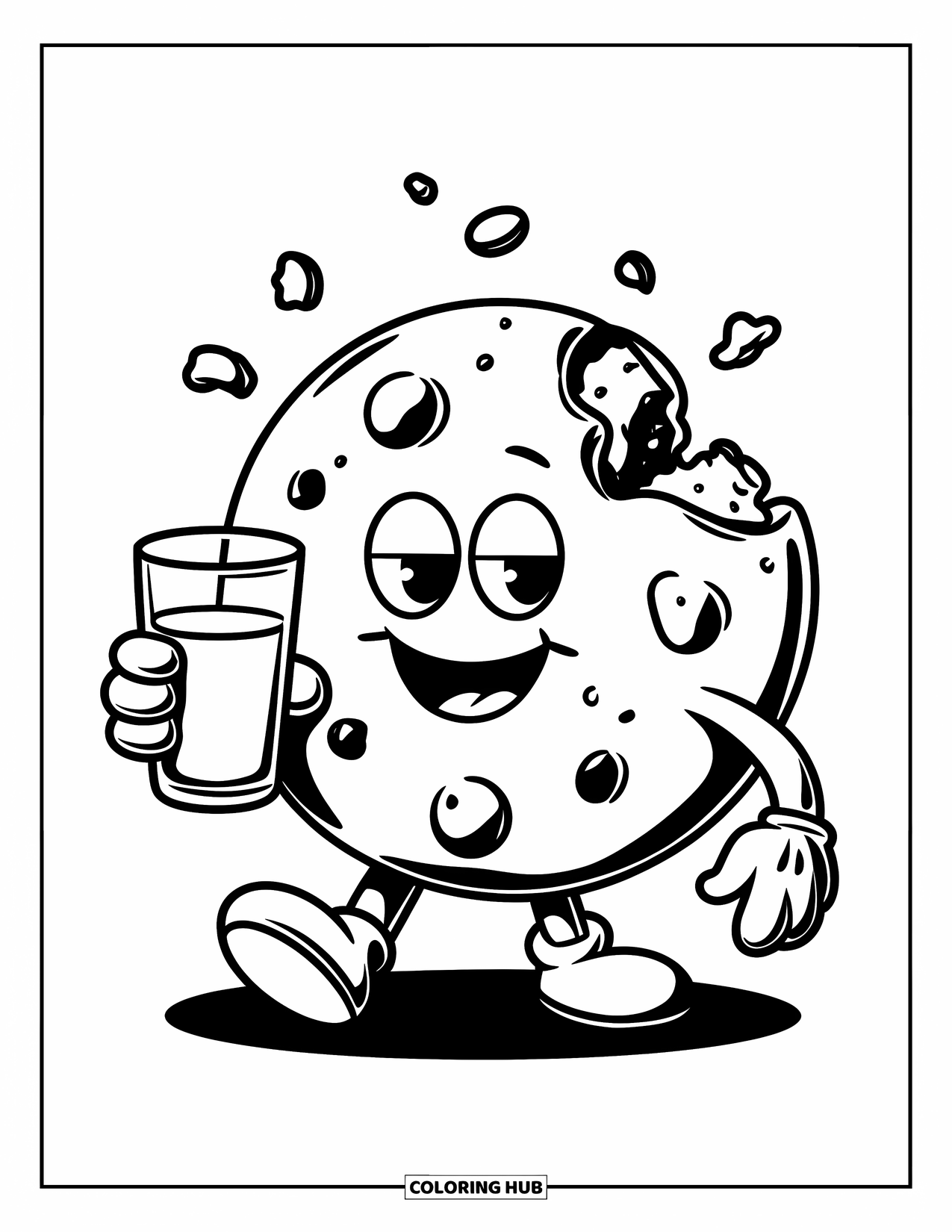 Kleurplaat Koekje voor Kinderen: Een koekjespersonage dat een glas melk vasthoudt, met kruimels die van het koekje vallen