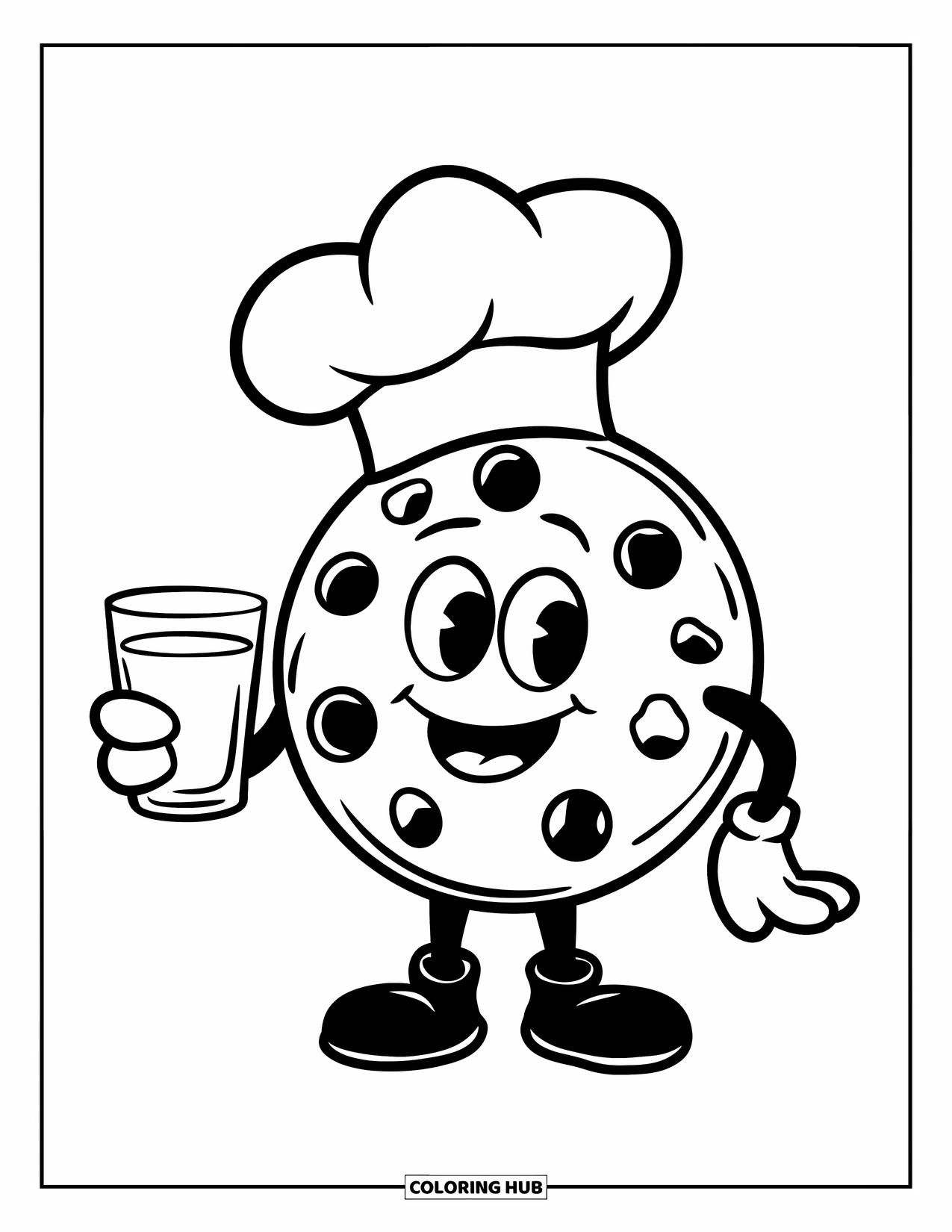 Kleurplaat Koekje voor Kinderen: Een koekjespersonage met een koksmuts die een glas melk vasthoudt, met een strakke achtergrond