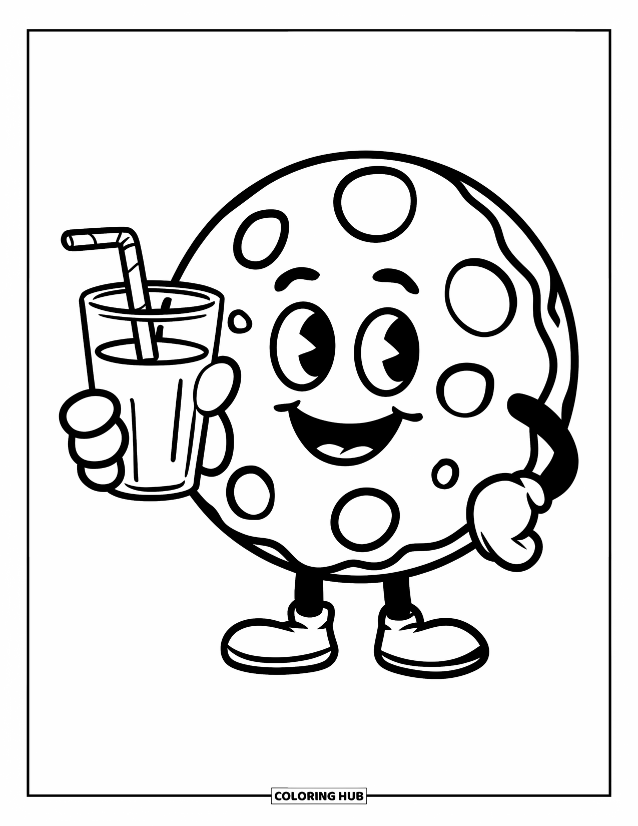 Kleurplaat Koekje voor Kinderen: Een koekjespersonage met een smiley die een glas melk met een rietje vasthoudt