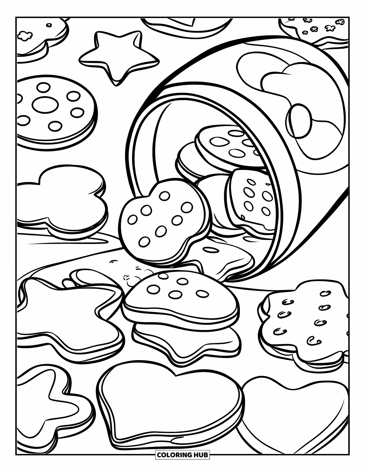 Kleurplaat Koekje voor Kinderen: Een koekjestrommel waar verschillende gevormde koekjes uit vallen, met een Mickey Mouse-ontwerp op de trommel