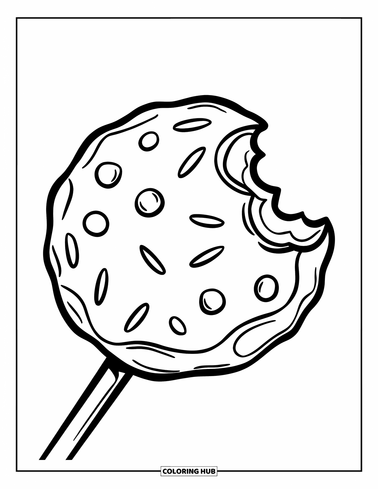 Kleurplaat Koekje voor Kinderen: Een koekje op een houten stokje met hagelslag en een hap eruit, leuk en schattig