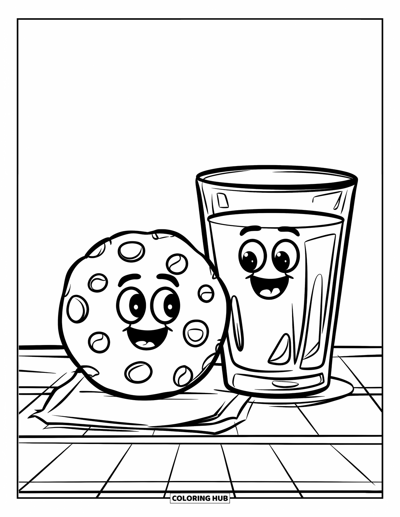 Kleurplaat Koekje voor Kinderen: Een koekje met een glimlach en een glas melk met een lachend gezicht, op een tafel geplaatst